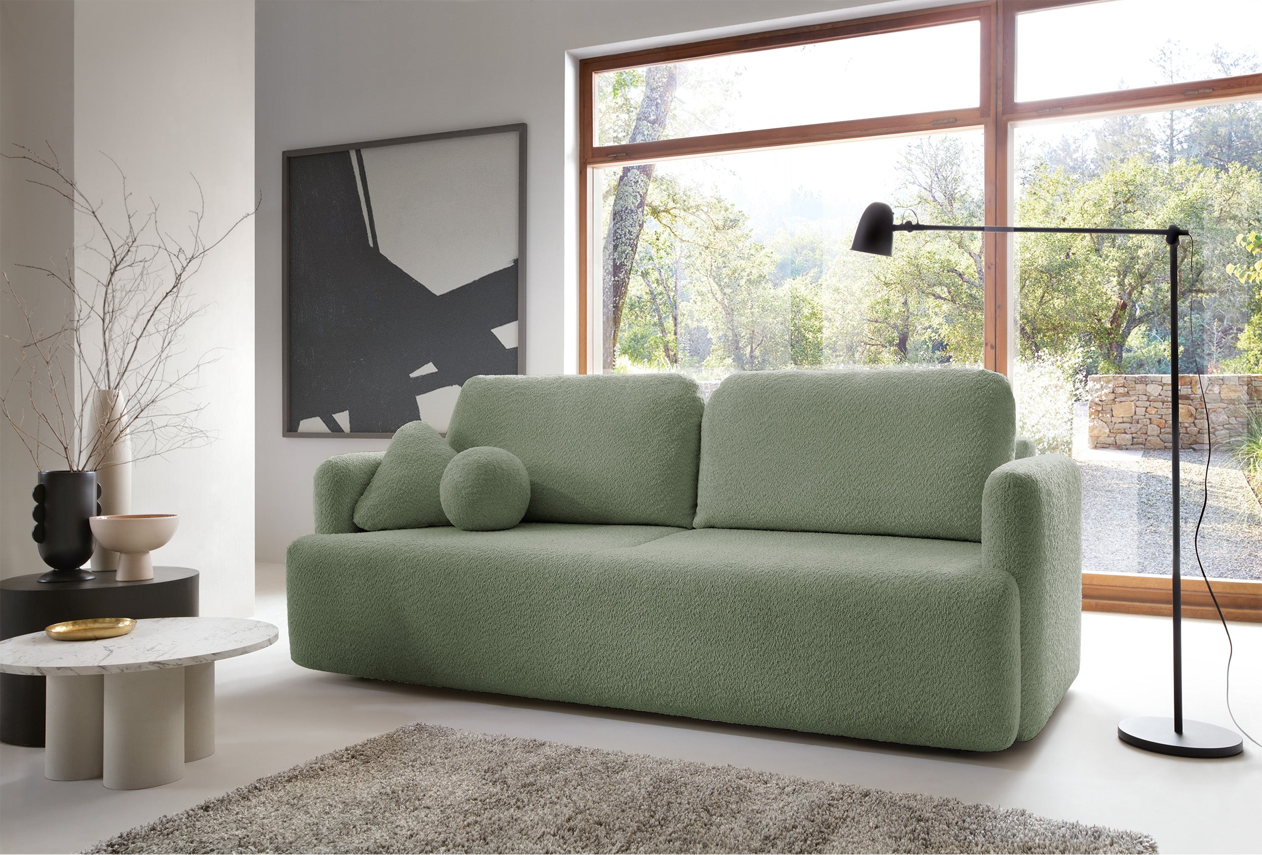 Dreisitziges ausklappbares Sofa Lambina mit Stauraum, Salbeigrüner Bouclé-Bezug