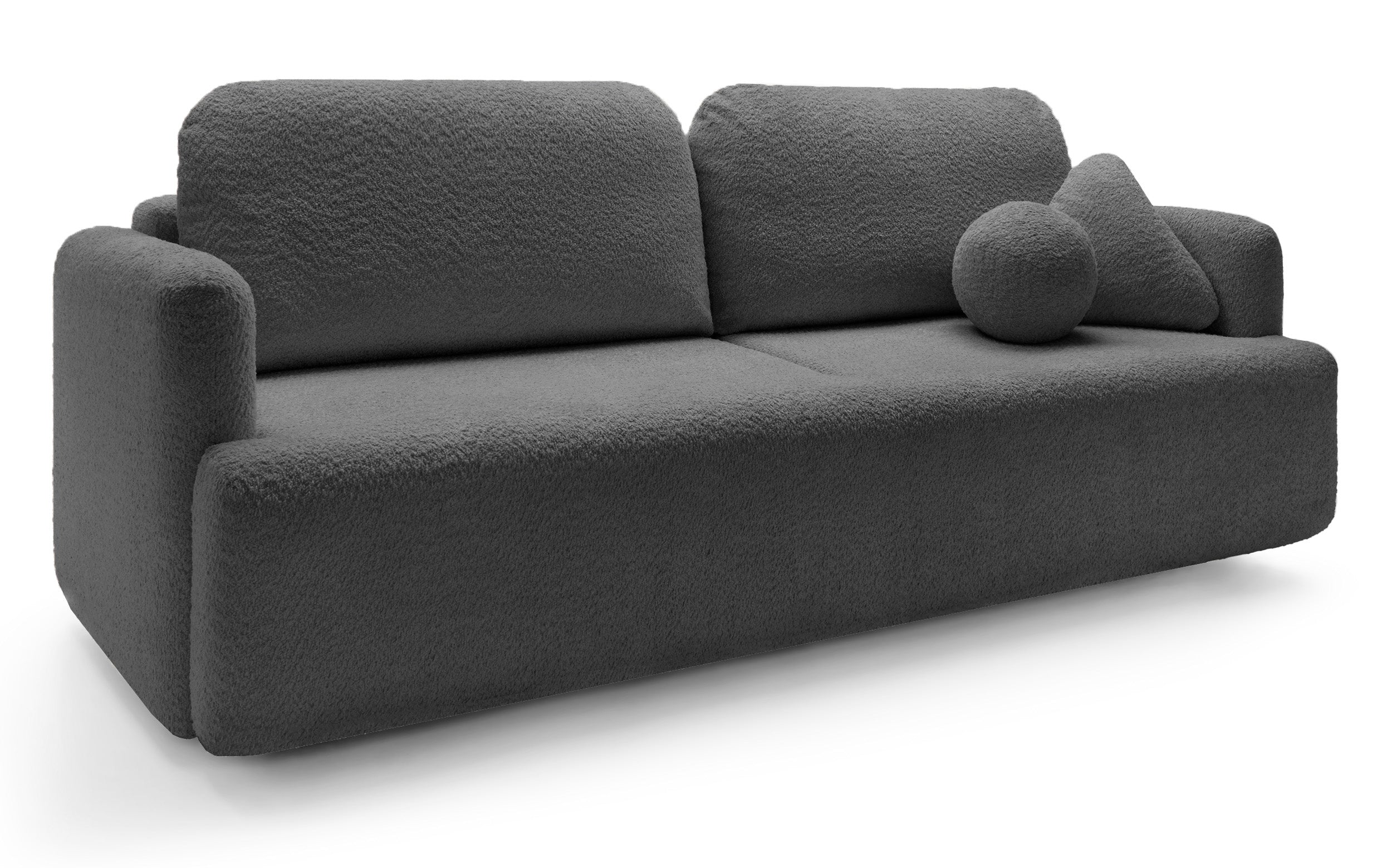 Dreisitziges Schlafsofa Lambina mit Stauraum, dunkelgrauer Bouclé-Stoff