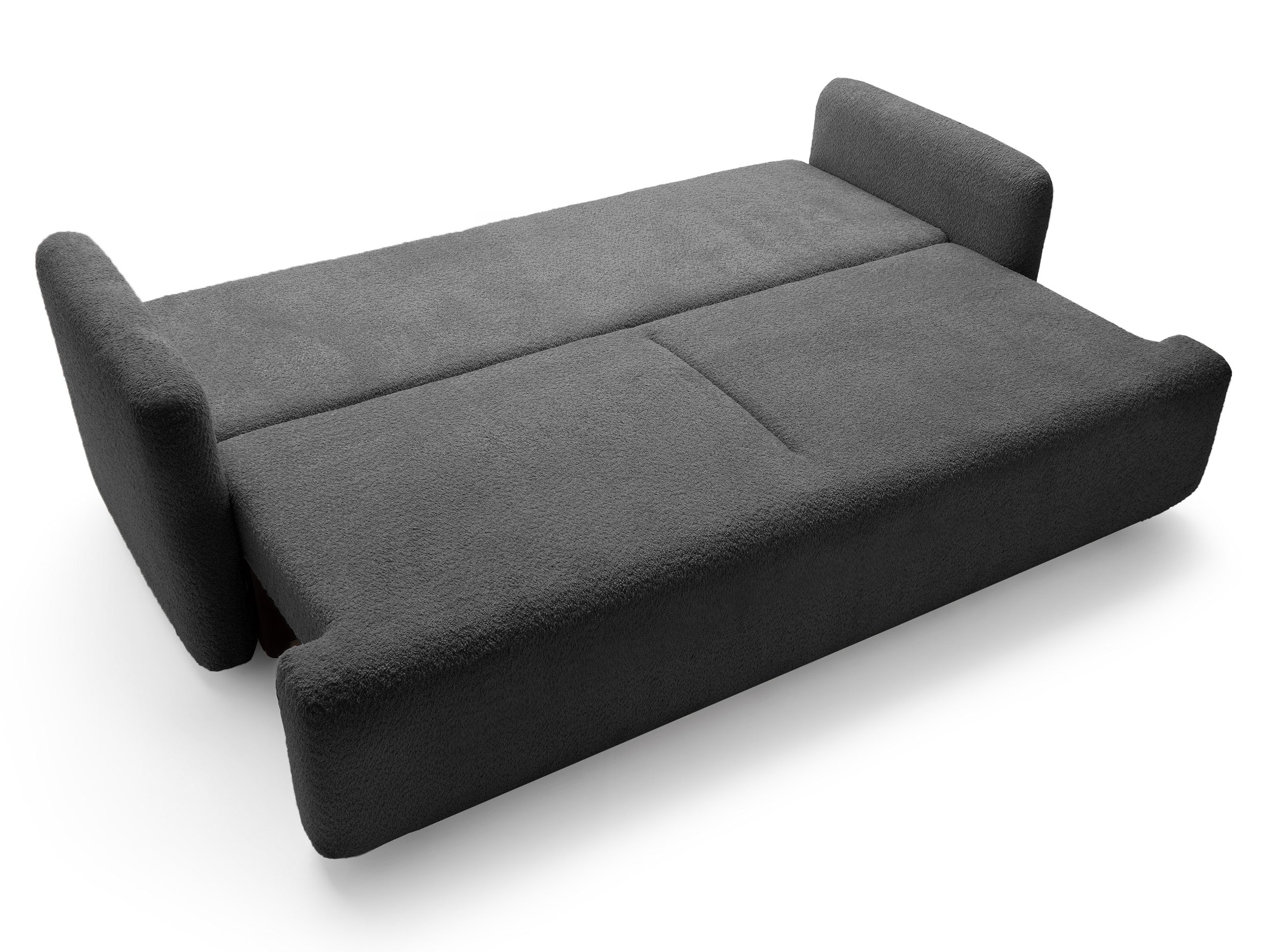 Dreisitziges Schlafsofa Lambina mit Stauraum, dunkelgrauer Bouclé-Stoff
