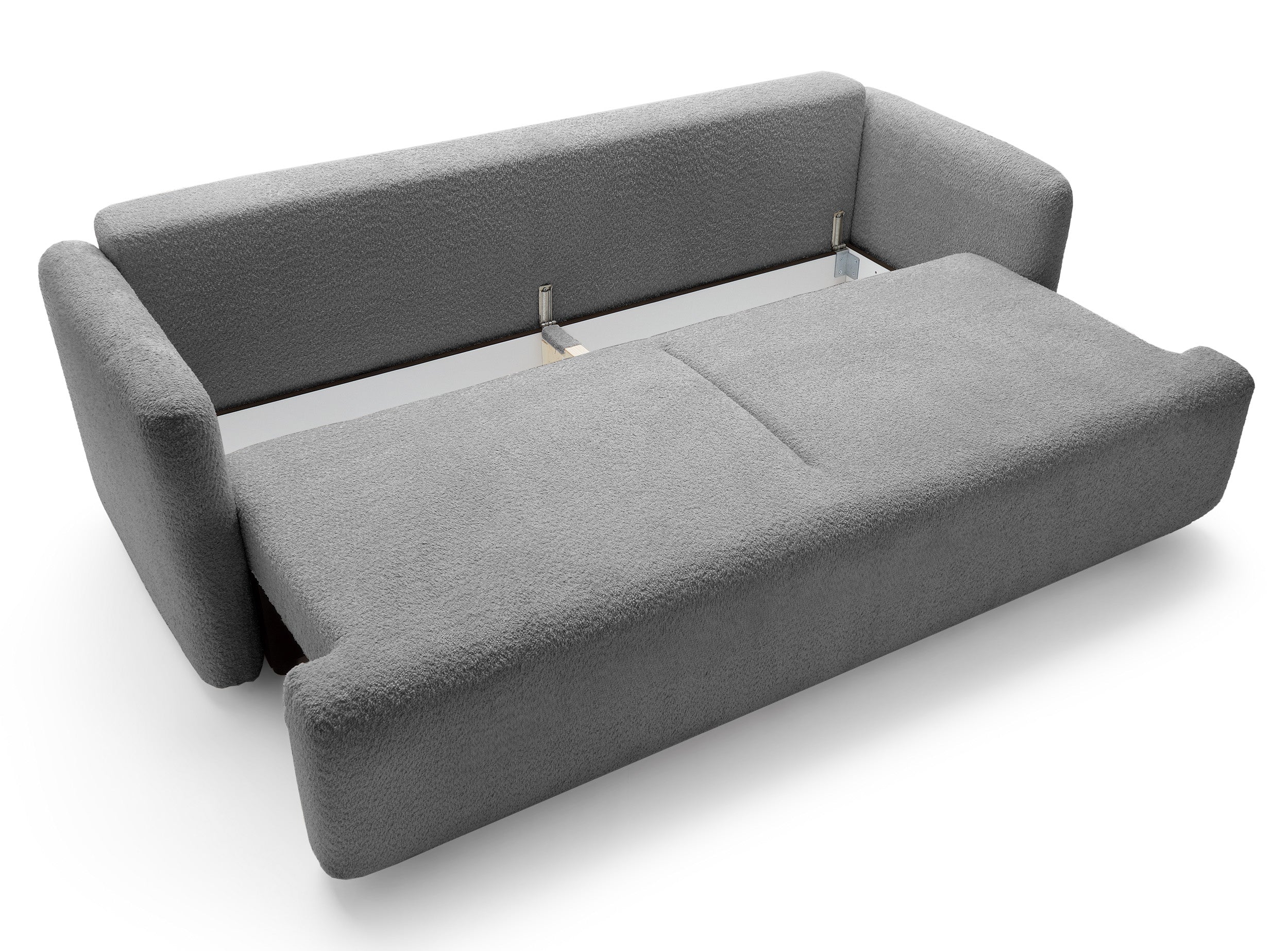 Dreisitziges ausklappbares Sofa Lambina mit Stauraum, graues Bouclé