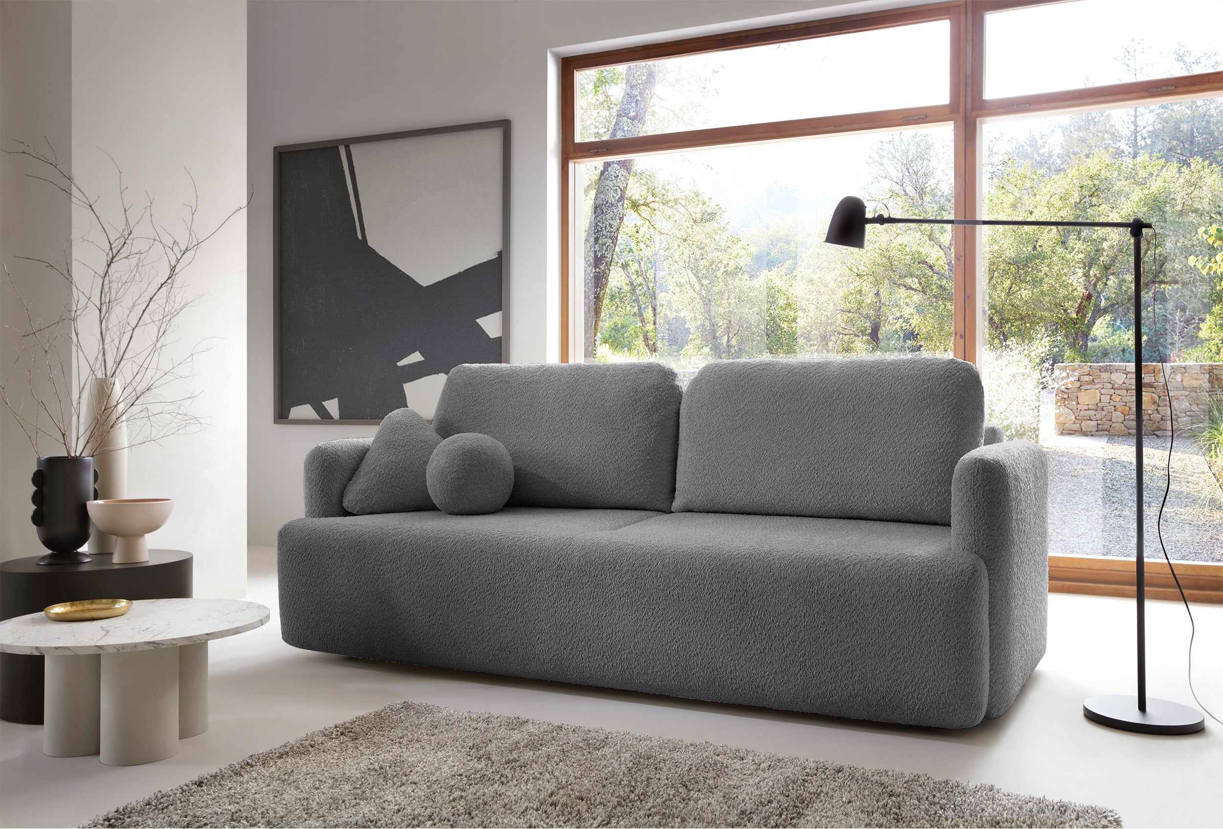 Dreisitziges ausklappbares Sofa Lambina mit Stauraum, graues Bouclé