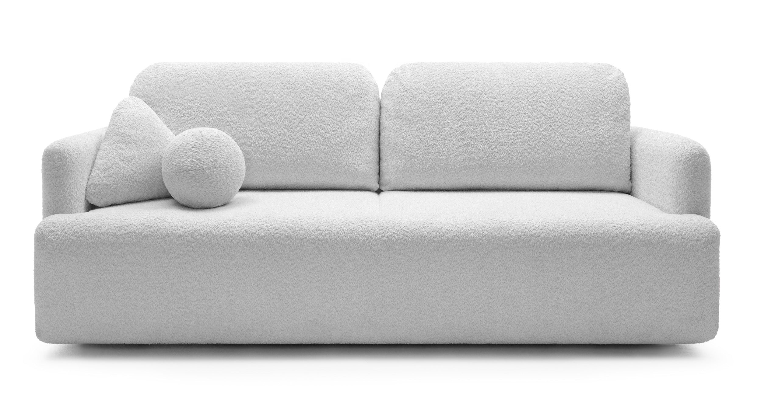 Dreisitziges ausklappbares Sofa Lambina mit Stauraum, hellgrauer Bouclé-Stoff