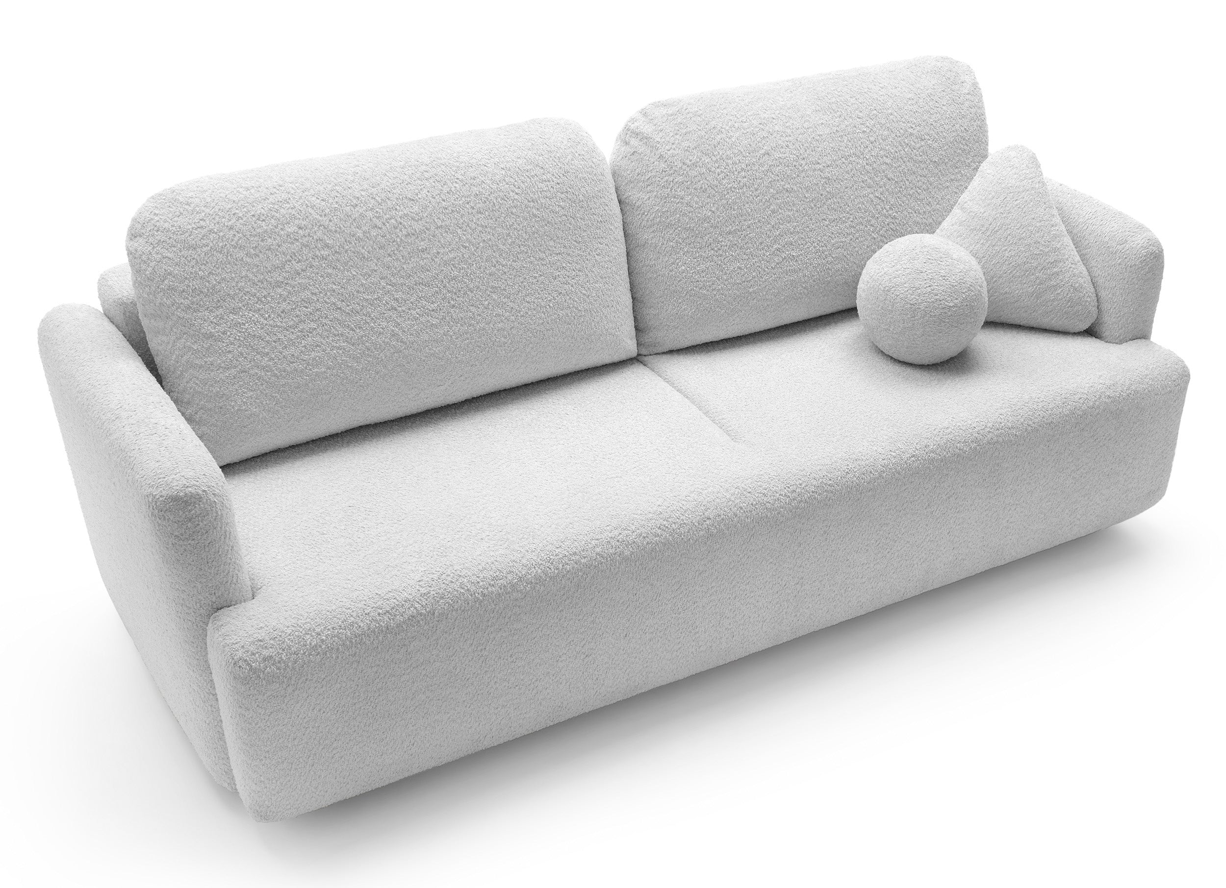 Dreisitziges ausklappbares Sofa Lambina mit Stauraum, hellgrauer Bouclé-Stoff