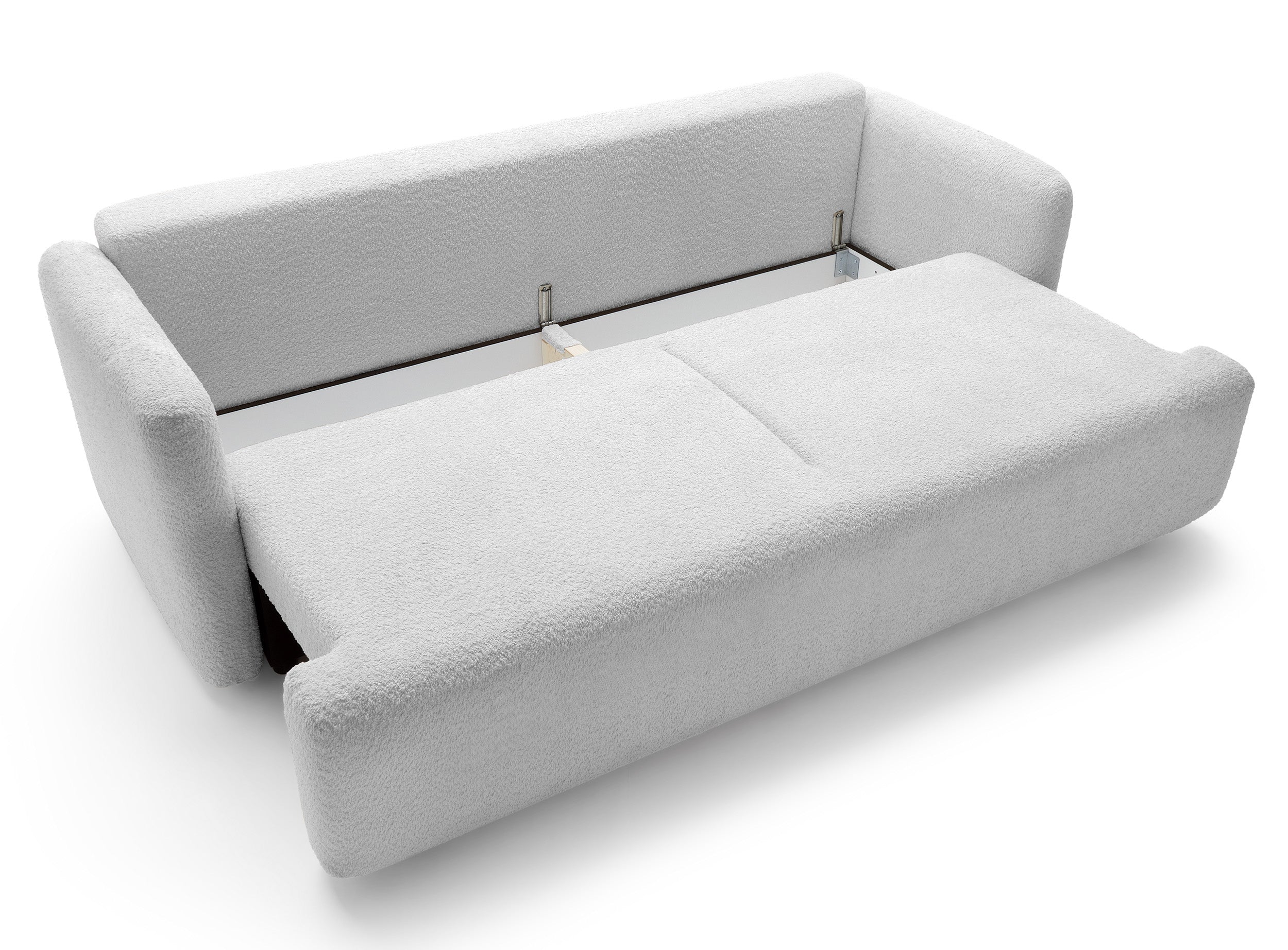 Dreisitziges ausklappbares Sofa Lambina mit Stauraum, hellgrauer Bouclé-Stoff