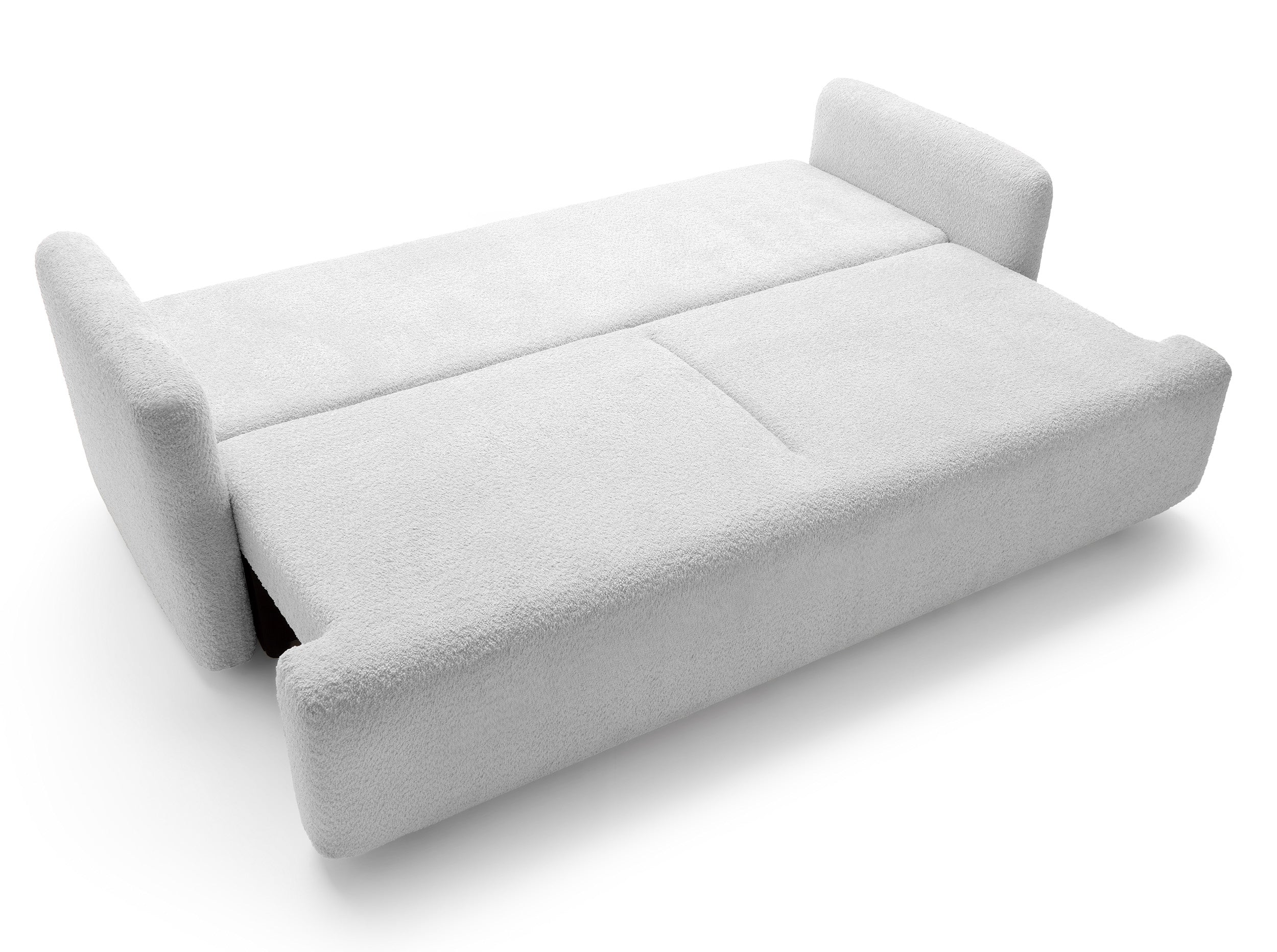 Dreisitziges ausklappbares Sofa Lambina mit Stauraum, hellgrauer Bouclé-Stoff