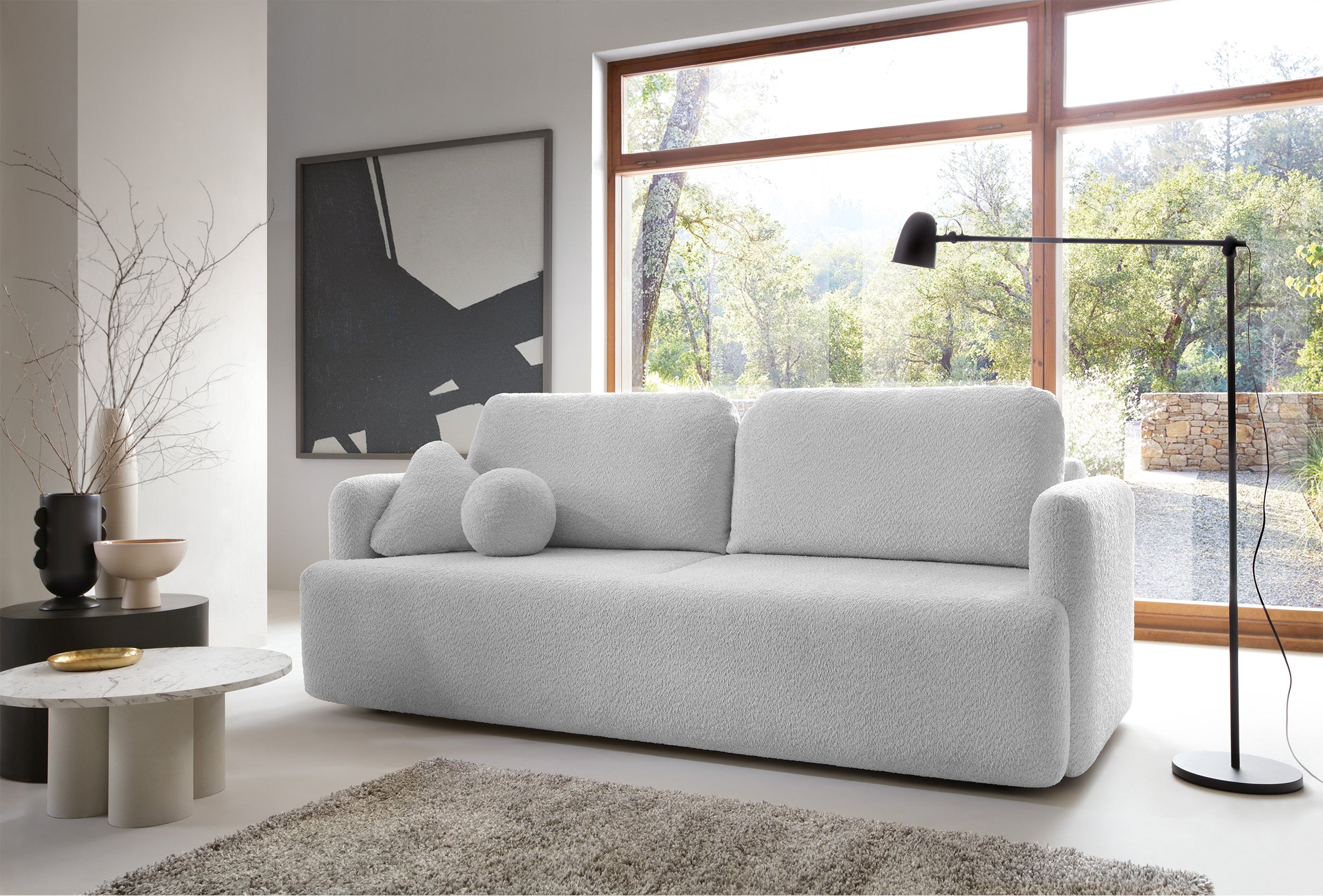 Dreisitziges ausklappbares Sofa Lambina mit Stauraum, hellgrauer Bouclé-Stoff