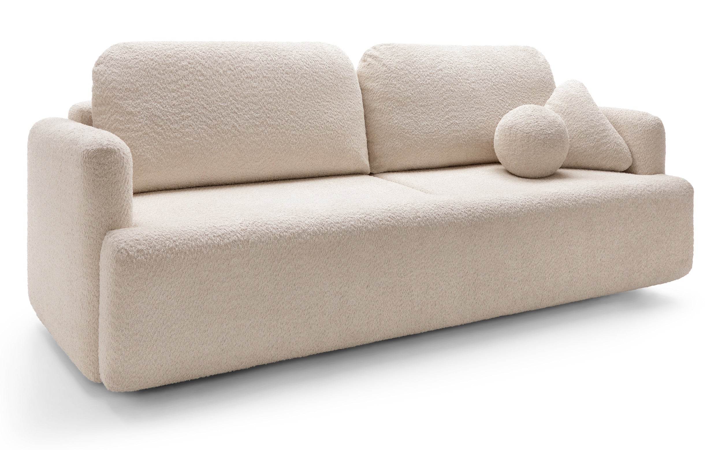 Dreisitziges ausklappbares Sofa Lambina mit Stauraum, beige Bouclé
