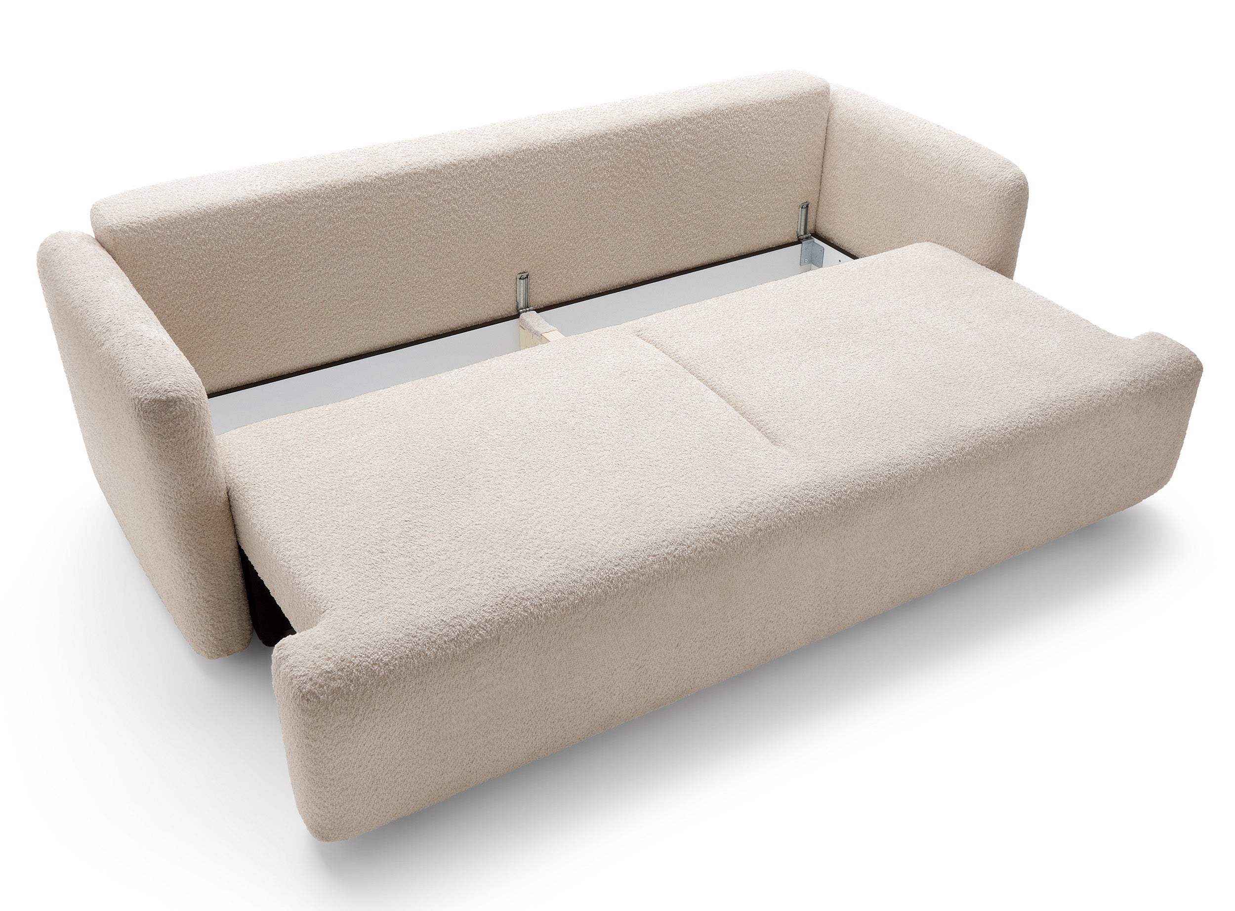 Dreisitziges ausklappbares Sofa Lambina mit Stauraum, beige Bouclé