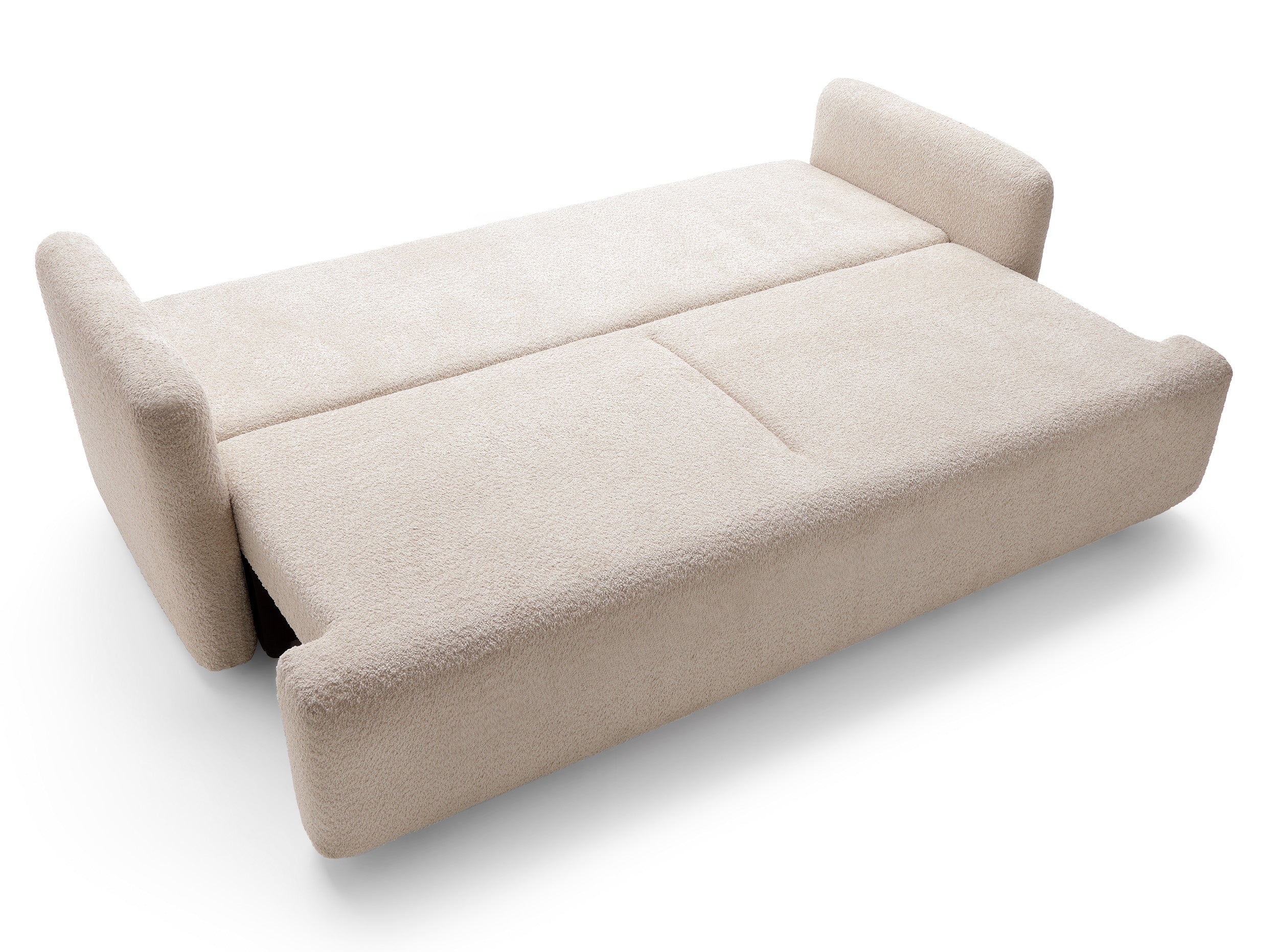 Dreisitziges ausklappbares Sofa Lambina mit Stauraum, beige Bouclé