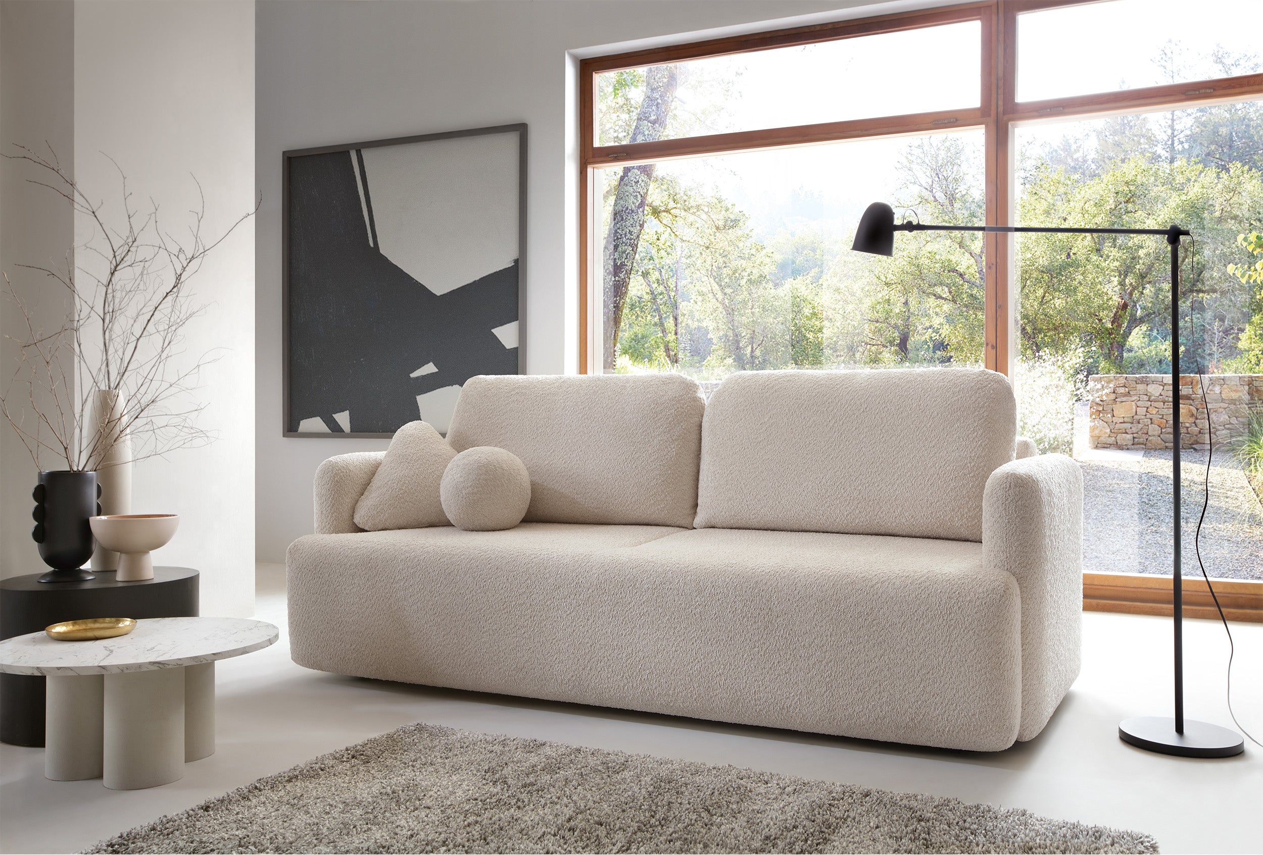 Dreisitziges ausklappbares Sofa Lambina mit Stauraum, beige Bouclé