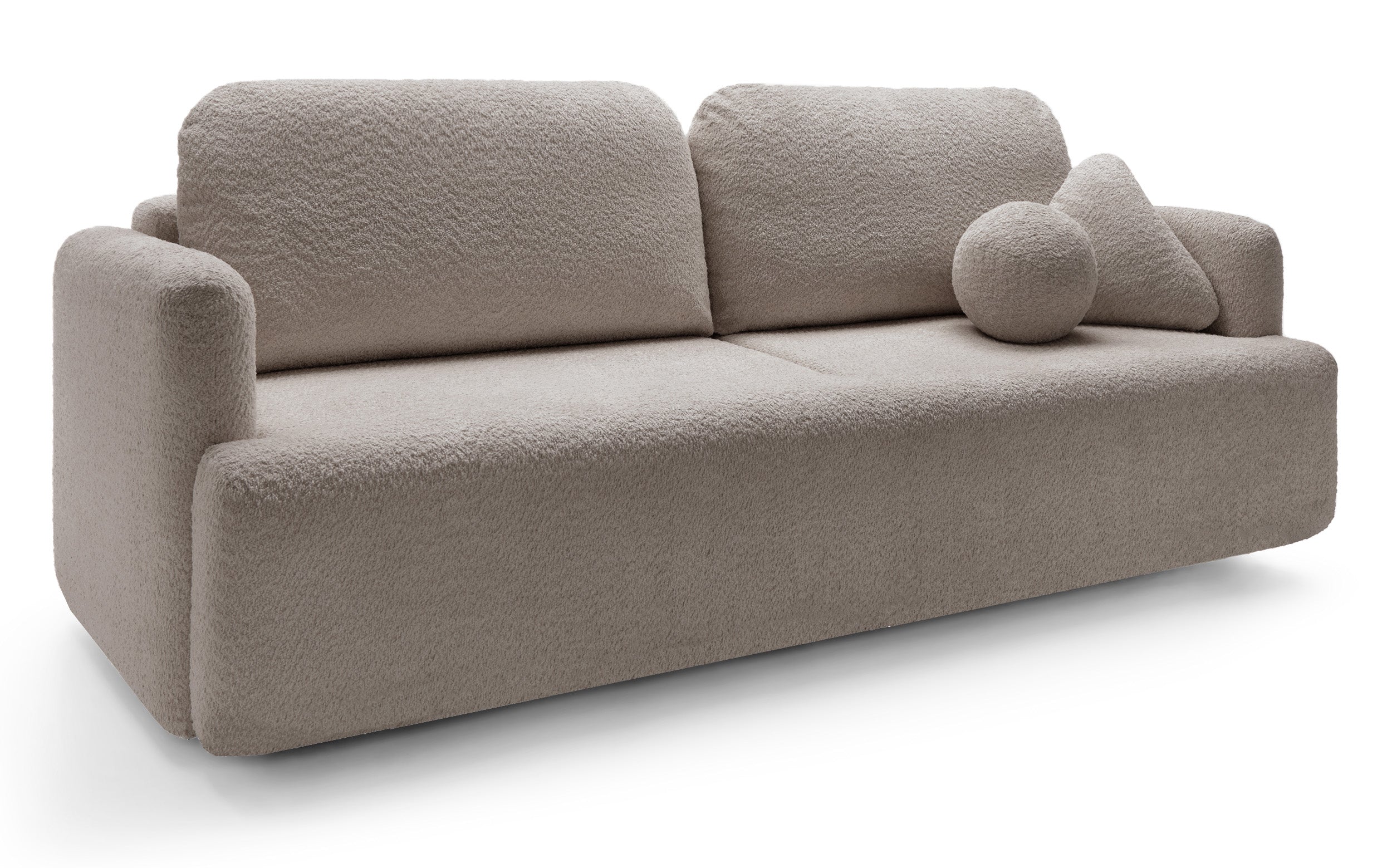 Dreisitziges ausklappbares Sofa Lambina mit Stauraum, dunkelbeige Bouclé