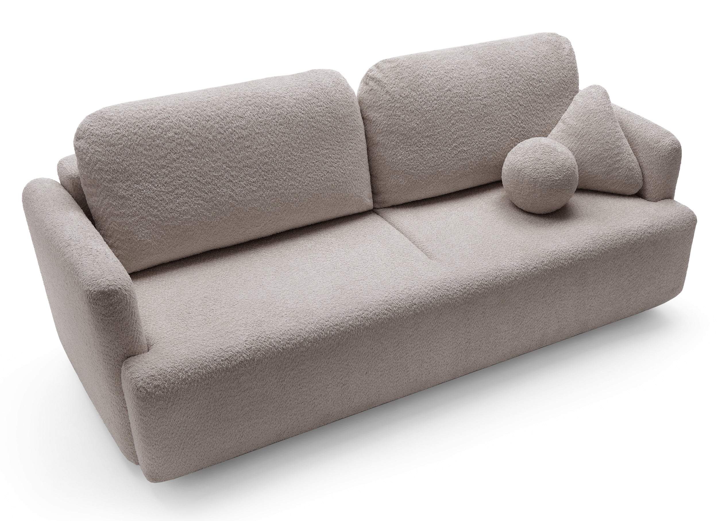Dreisitziges ausklappbares Sofa Lambina mit Stauraum, dunkelbeige Bouclé