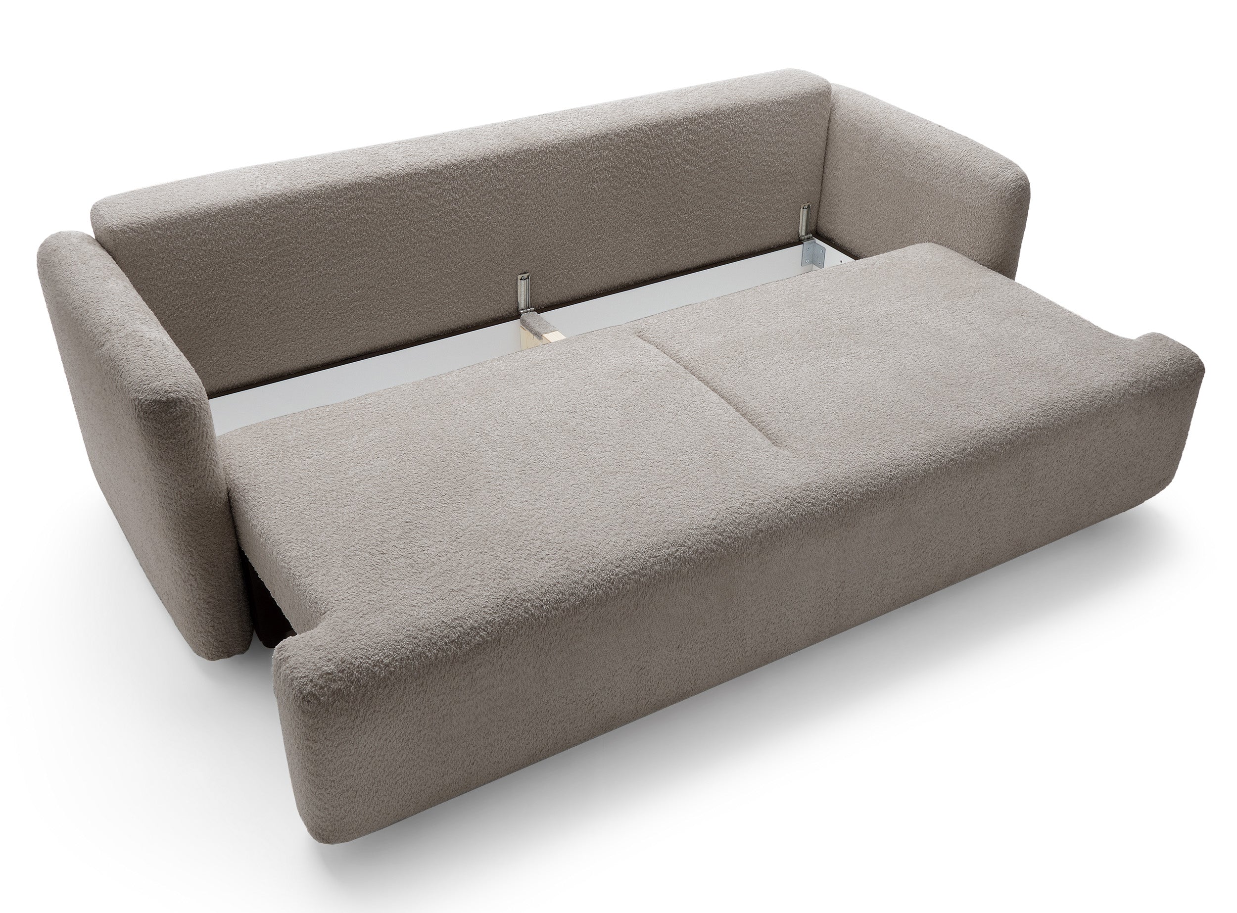 Dreisitziges ausklappbares Sofa Lambina mit Stauraum, dunkelbeige Bouclé