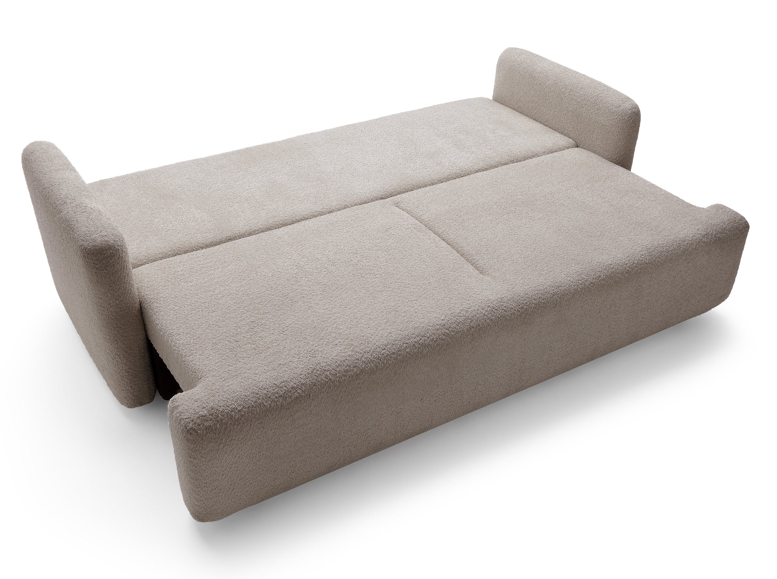 Dreisitziges ausklappbares Sofa Lambina mit Stauraum, dunkelbeige Bouclé