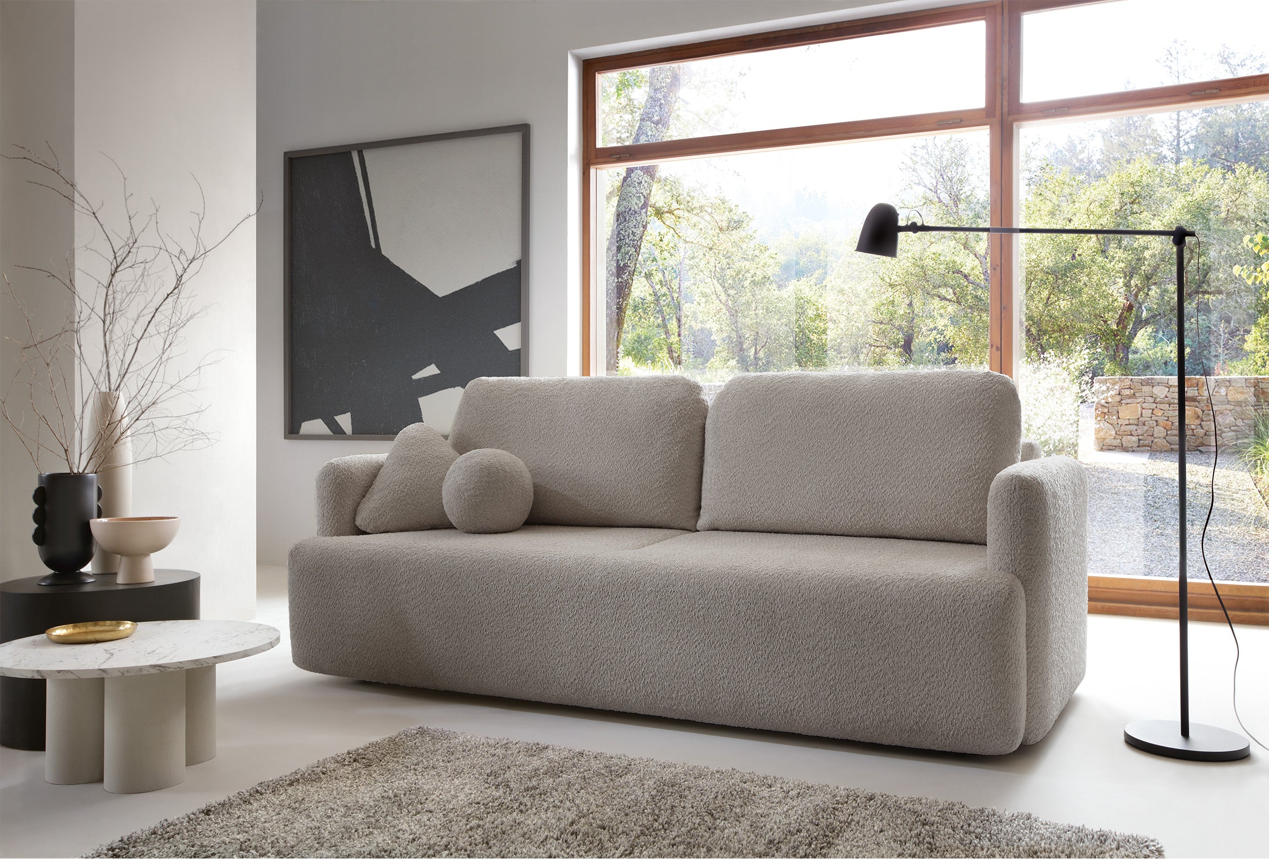 Dreisitziges ausklappbares Sofa Lambina mit Stauraum, dunkelbeige Bouclé