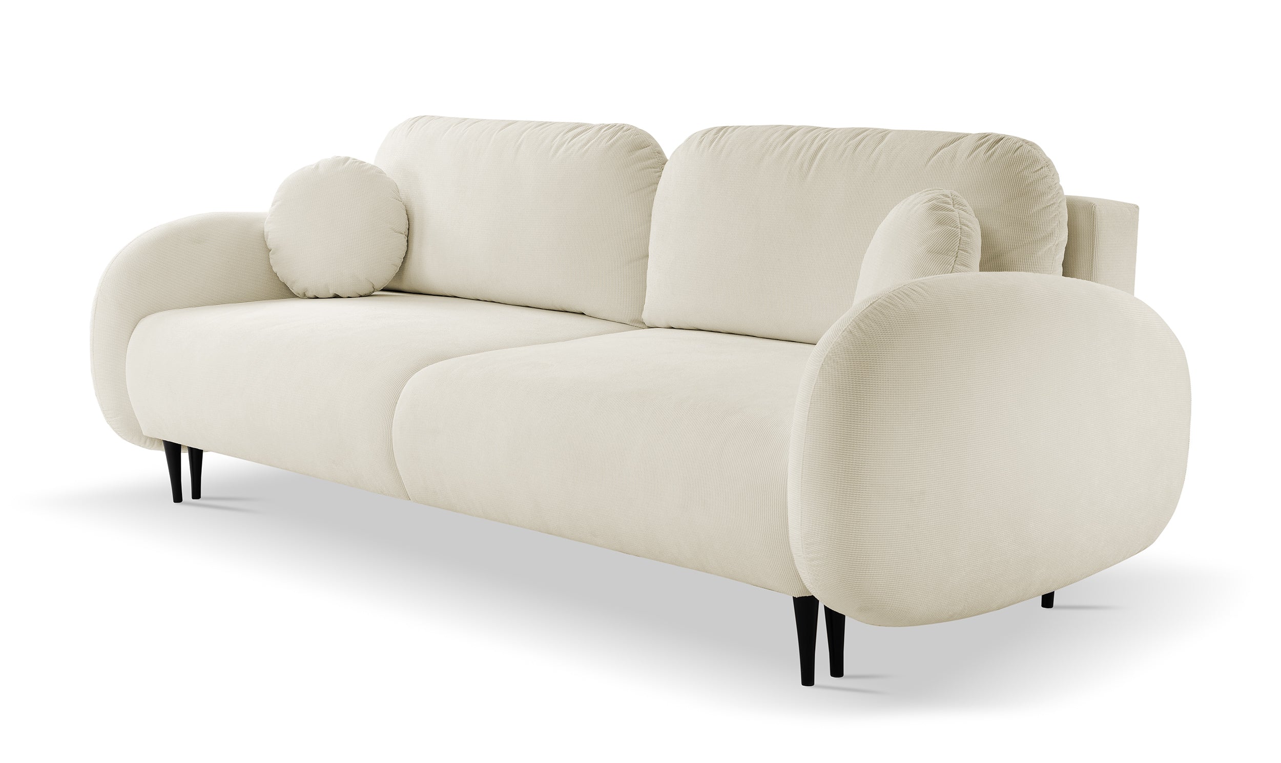 Ausklappbare Bafra Couch mit Schlaffunktion und Bettkasten, cremefarbener Cordstoff