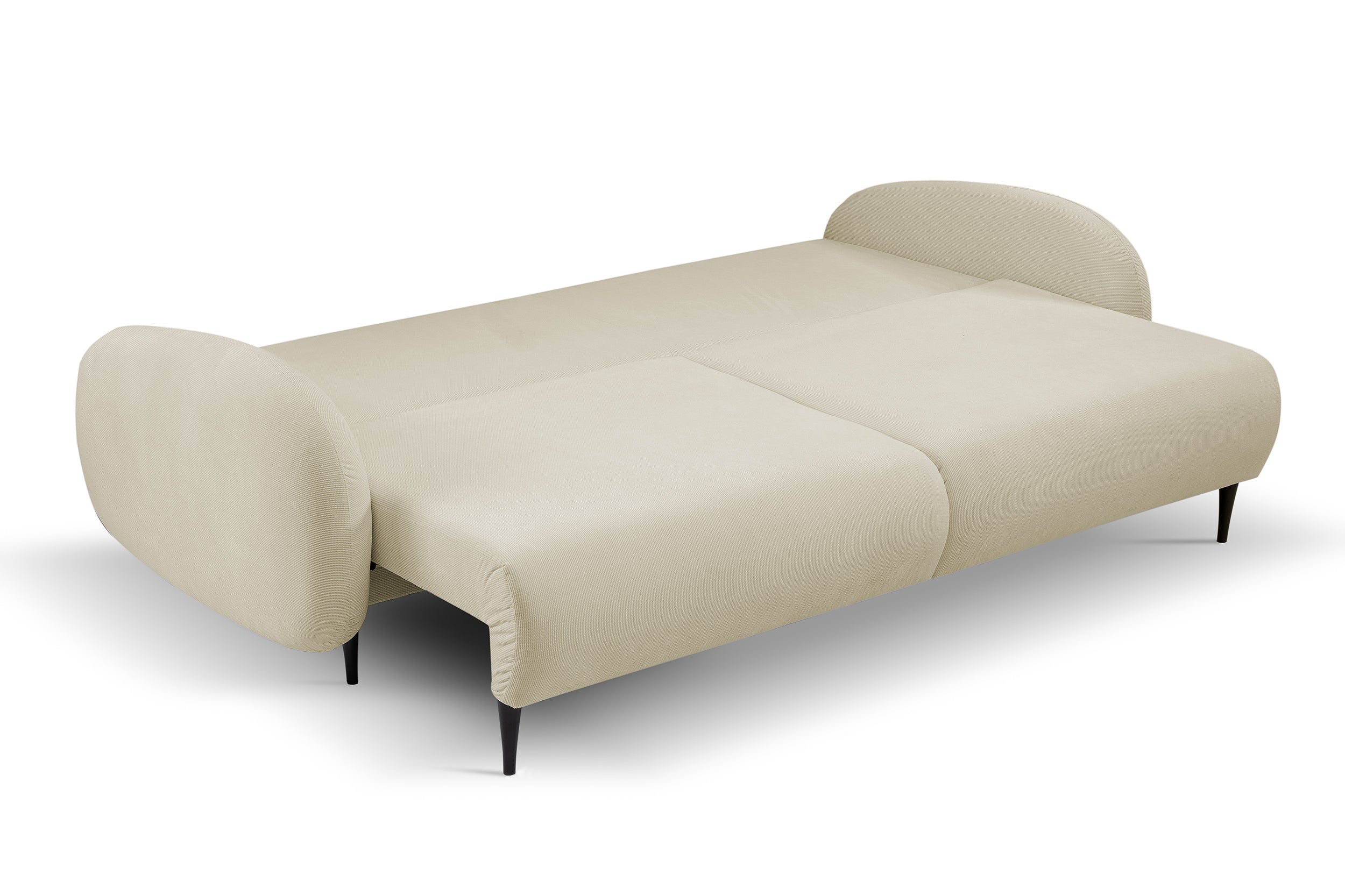 Ausklappbare Bafra Couch mit Schlaffunktion und Bettkasten, cremefarbener Cordstoff