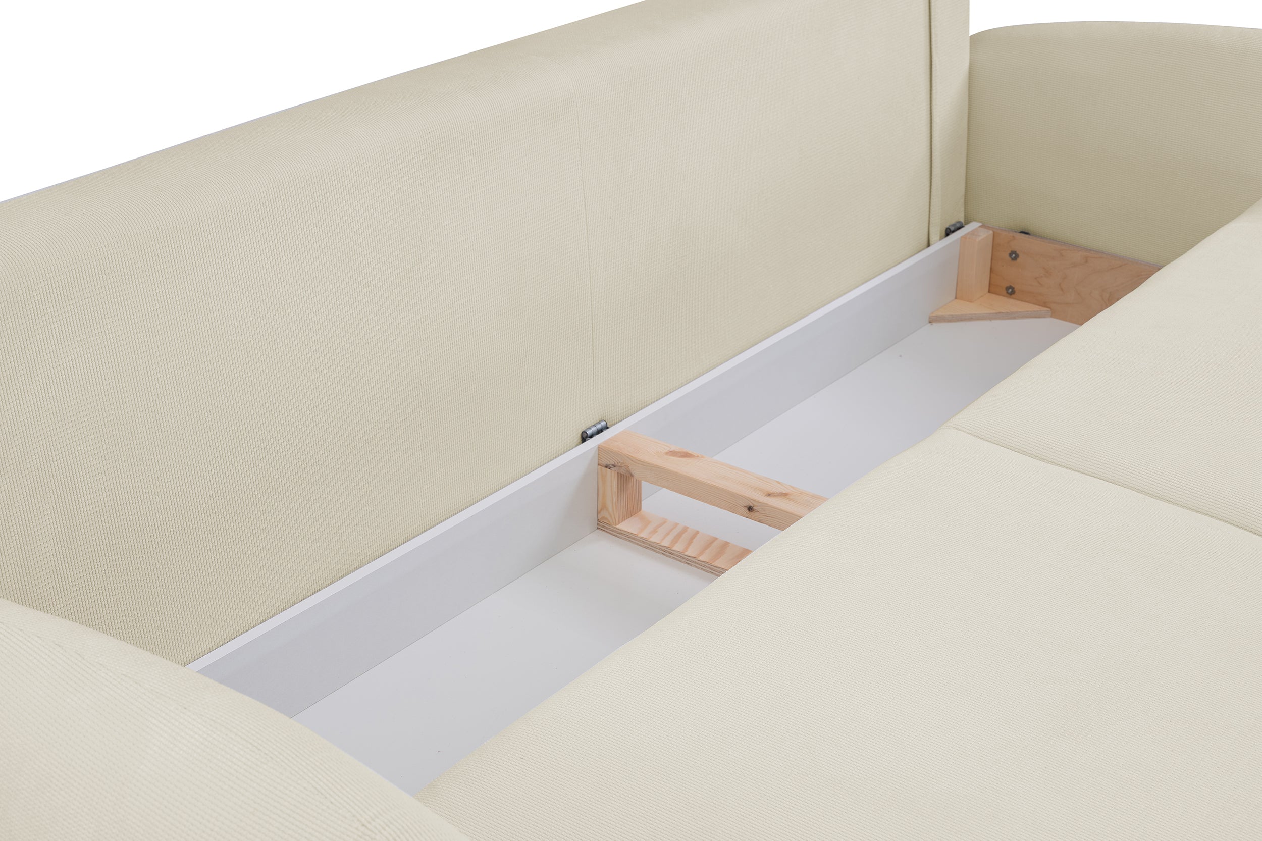 Ausklappbare Bafra Couch mit Schlaffunktion und Bettkasten, cremefarbener Cordstoff