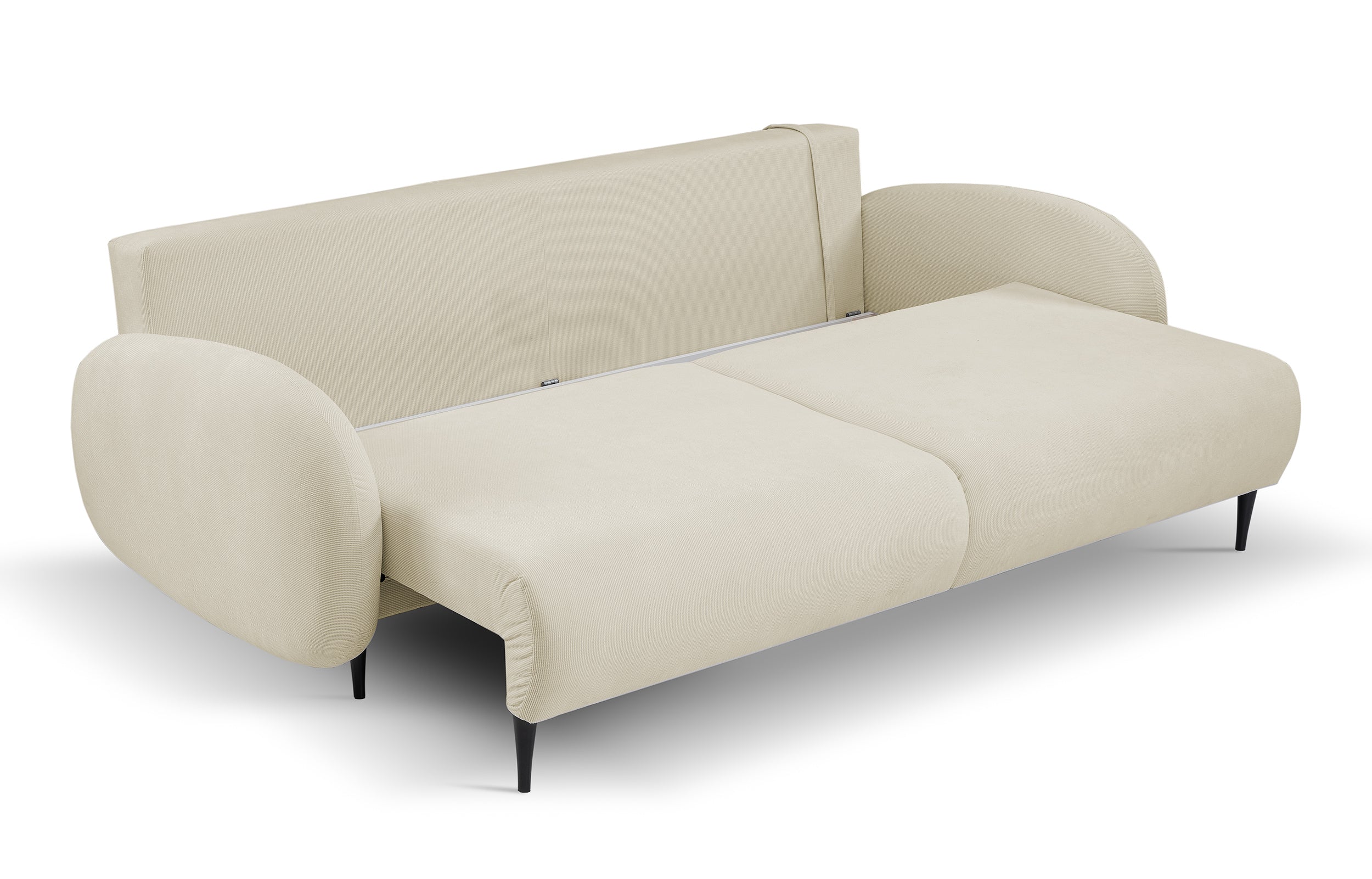 Ausklappbare Bafra Couch mit Schlaffunktion und Bettkasten, cremefarbener Cordstoff