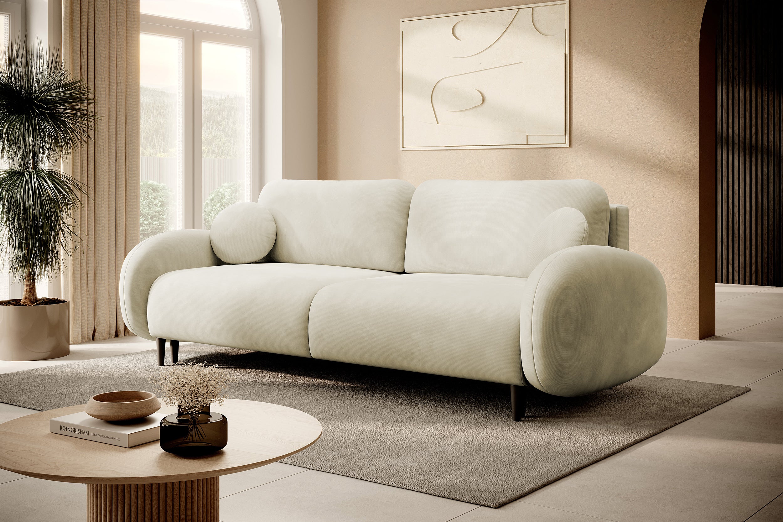Ausklappbare Bafra Couch mit Schlaffunktion und Bettkasten, cremefarbener Cordstoff