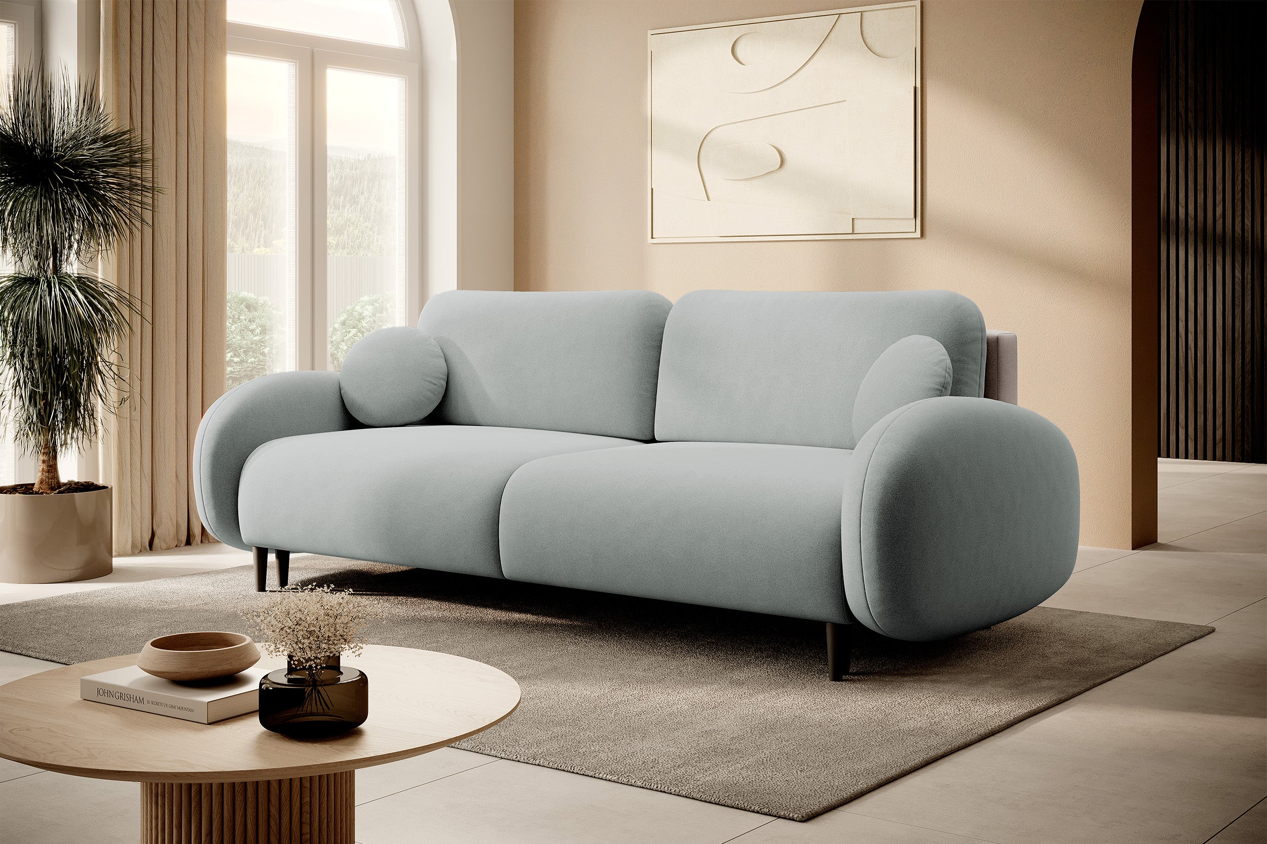 Ausklappbares Sofa Bafra mit Schlafunktion und Bettkasten, grauer Samt