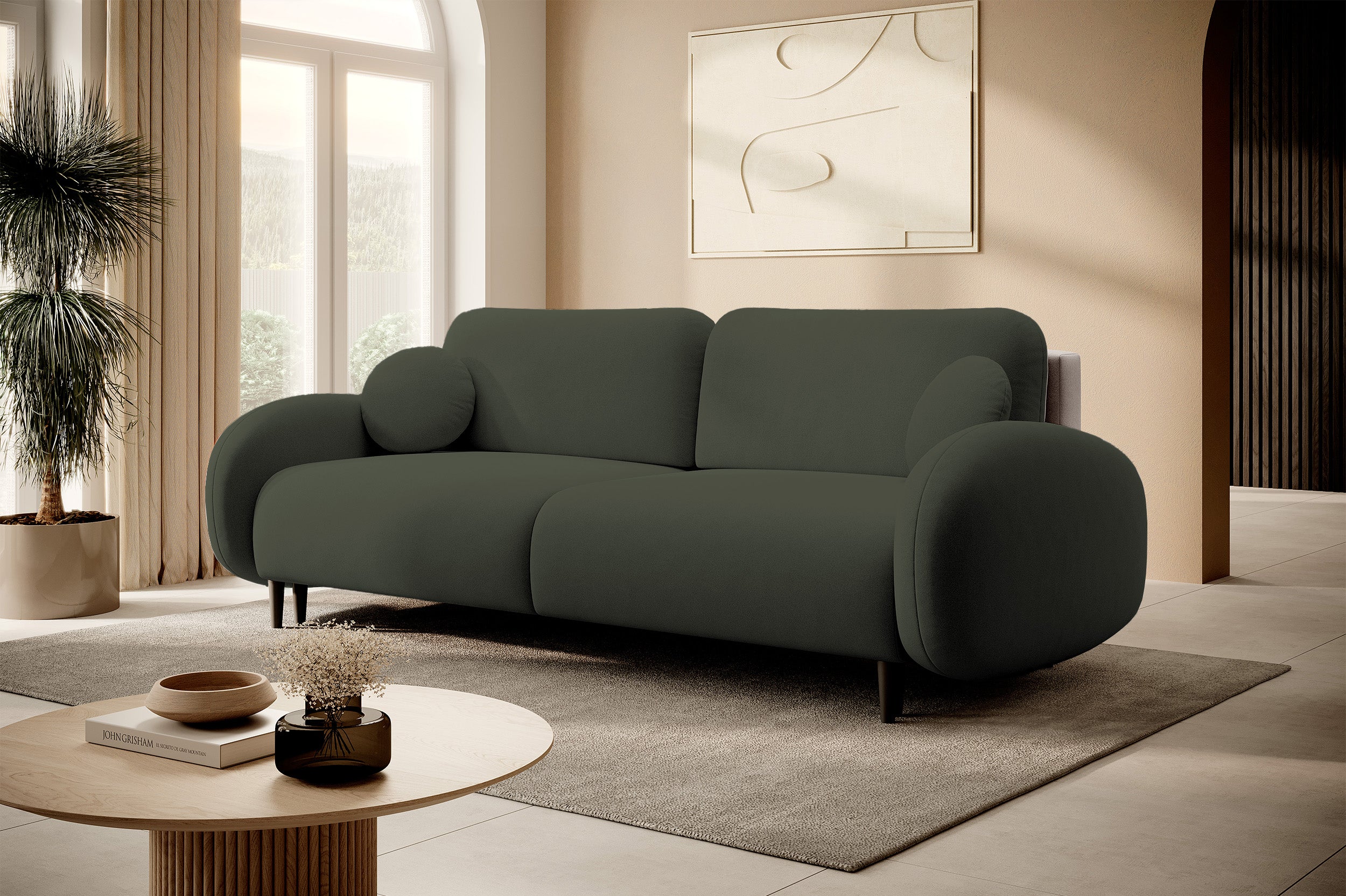 Ausziehbare Bafra-Sofa mit Schlaffunktion und Bettkasten, olivgrüner Samt