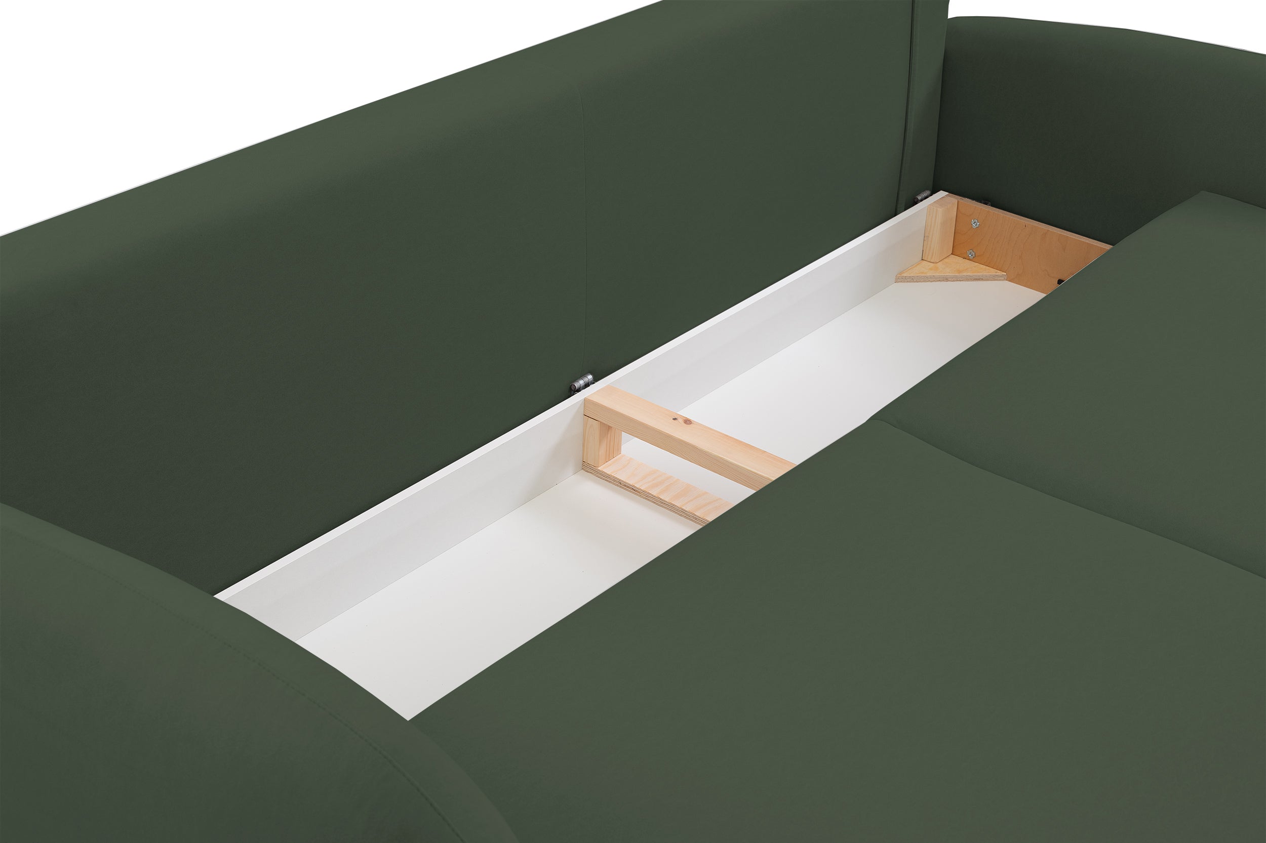 Ausziehbare Bafra-Sofa mit Schlaffunktion und Bettkasten, olivgrüner Samt