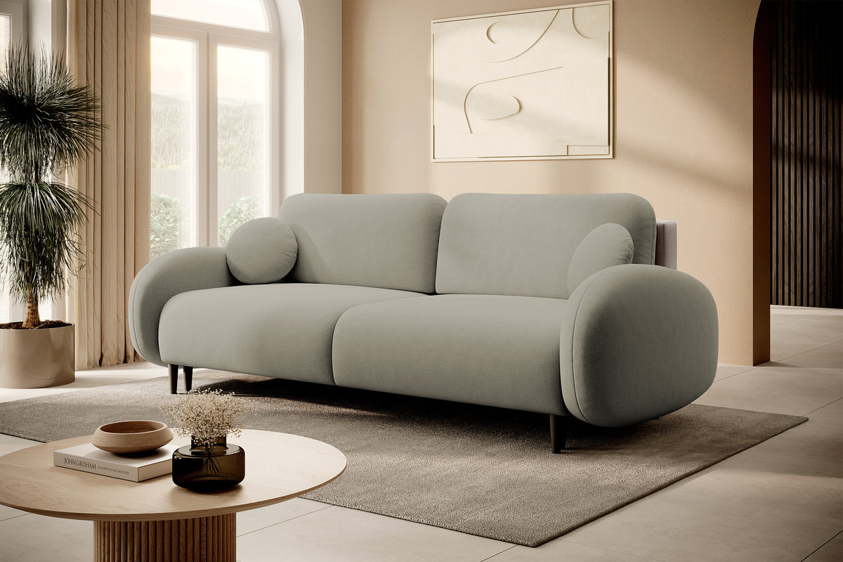 Ausziehbares Sofa Bafra mit Schlafunktion und Bettkasten, beige Samt – Selsey DE