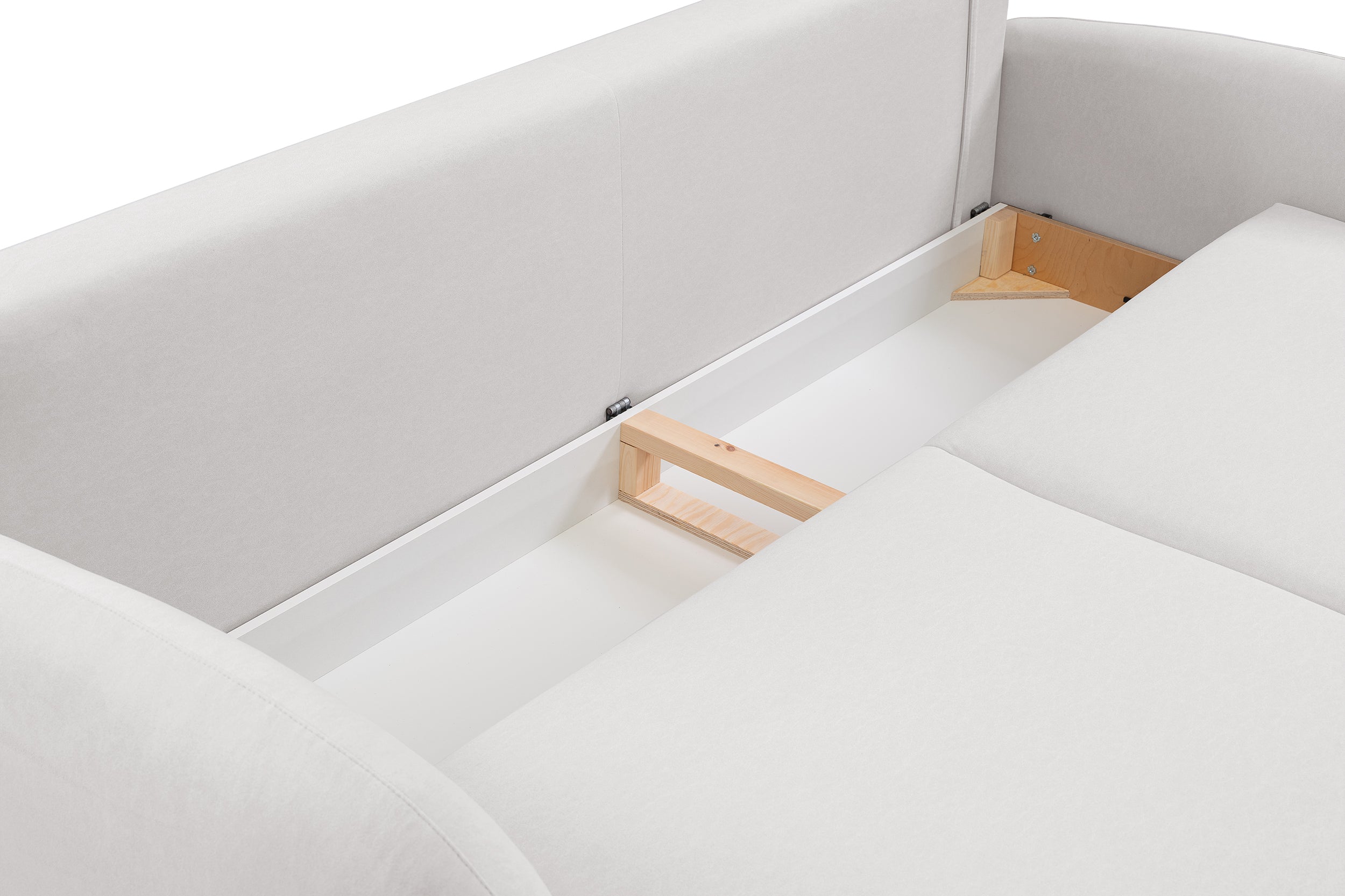 Schlafsofa Bafra mit Schlaffunktion und Bettkasten, cremefarbenes Samtvelours