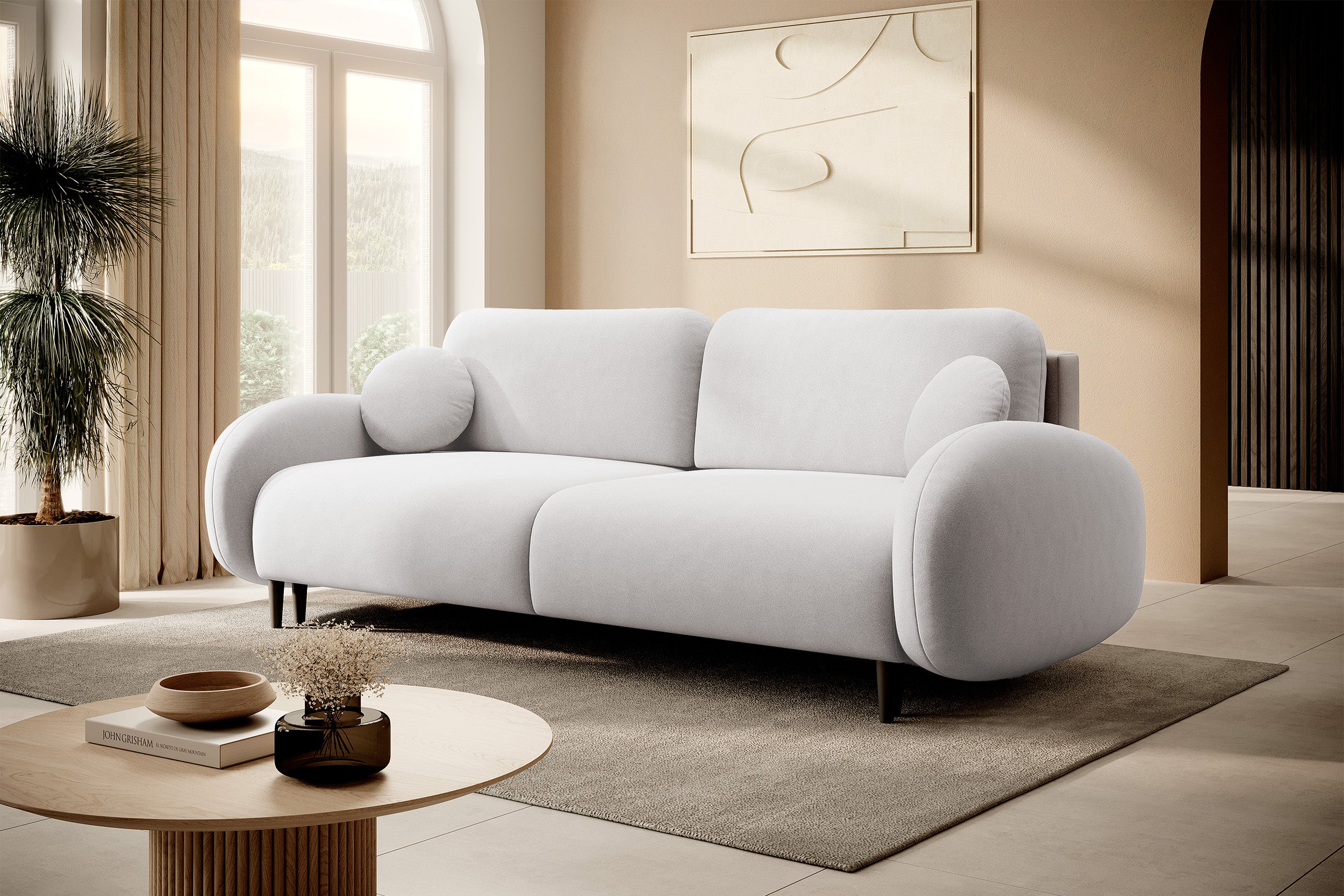 Schlafsofa Bafra mit Schlaffunktion und Bettkasten, cremefarbenes Samtvelours