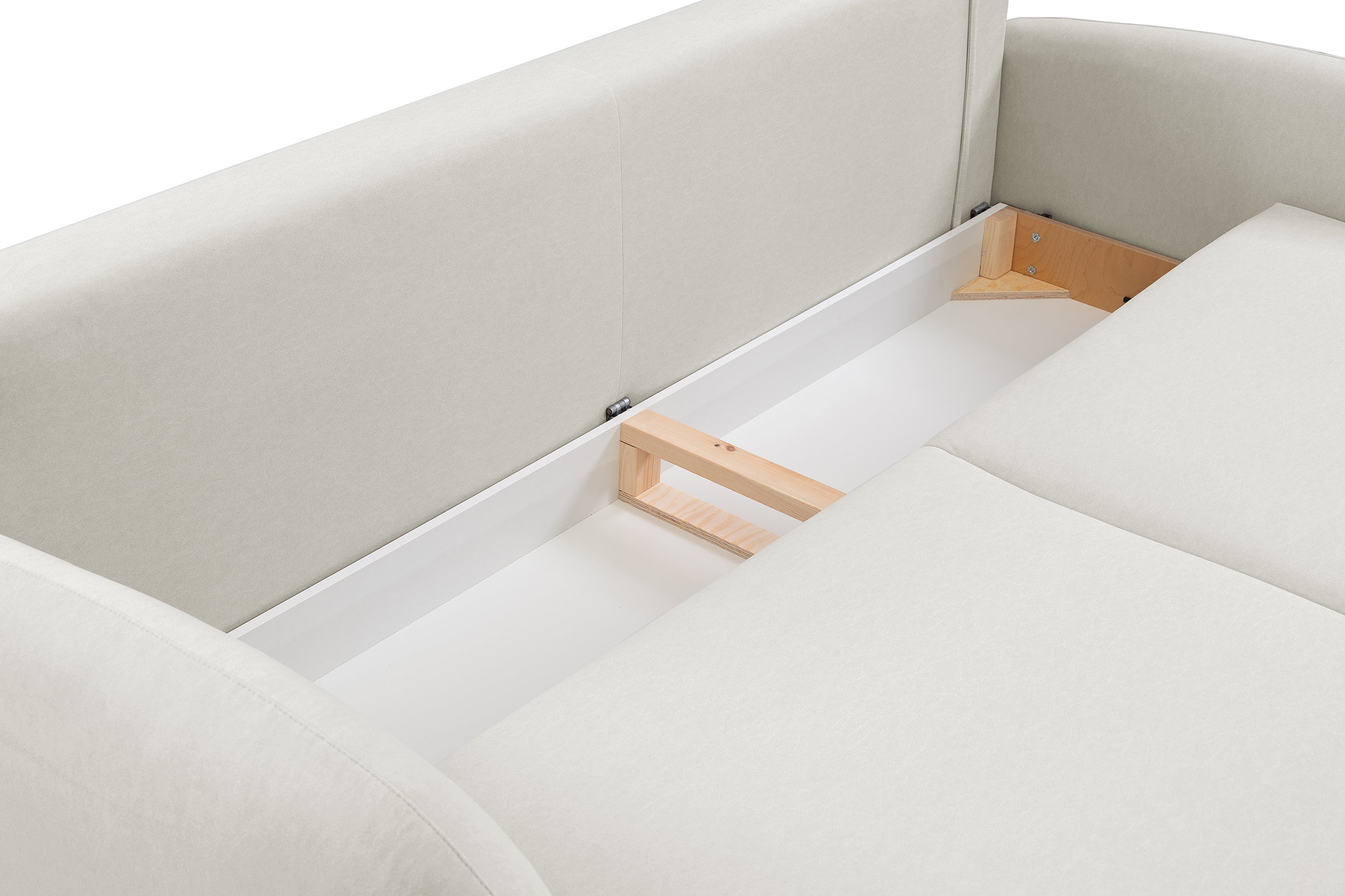 Ausziehbare Bafra-Sofa mit Schlaffunktion und Bettkasten, hellbeige Samt