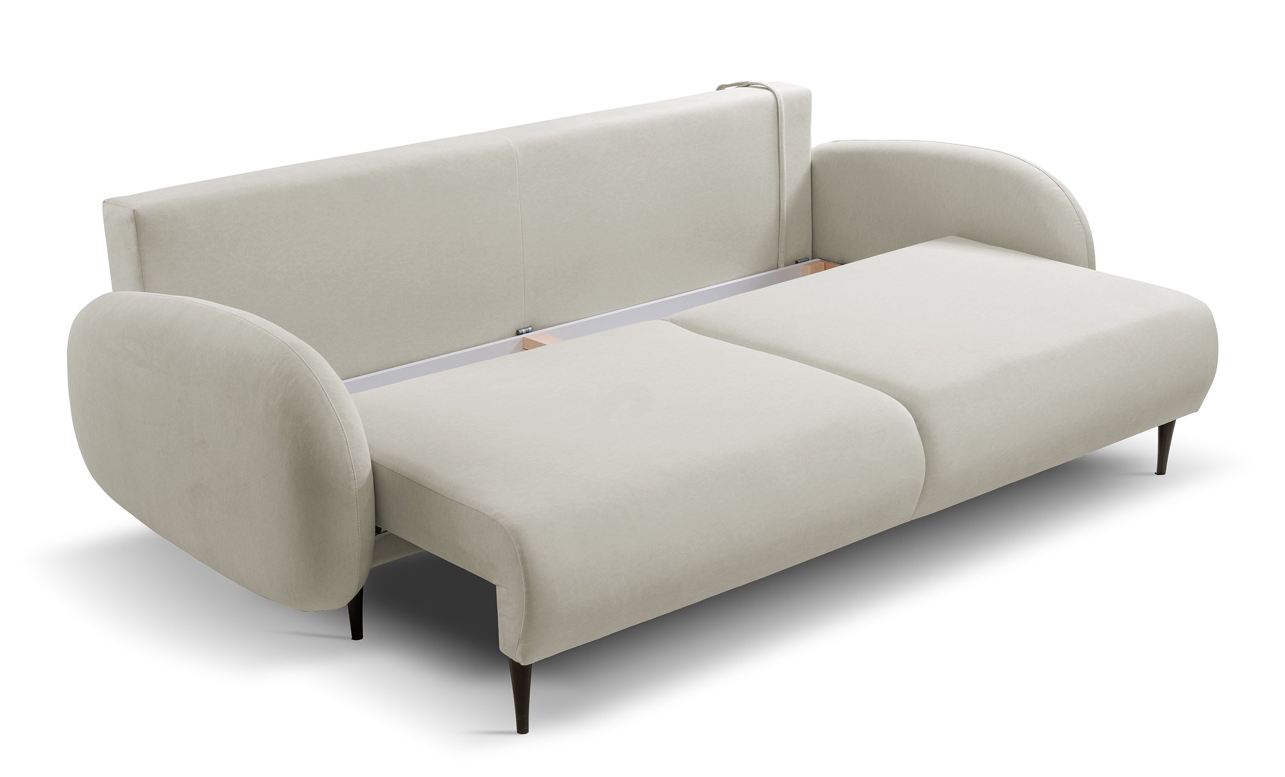 Ausziehbare Bafra-Sofa mit Schlaffunktion und Bettkasten, hellbeige Samt