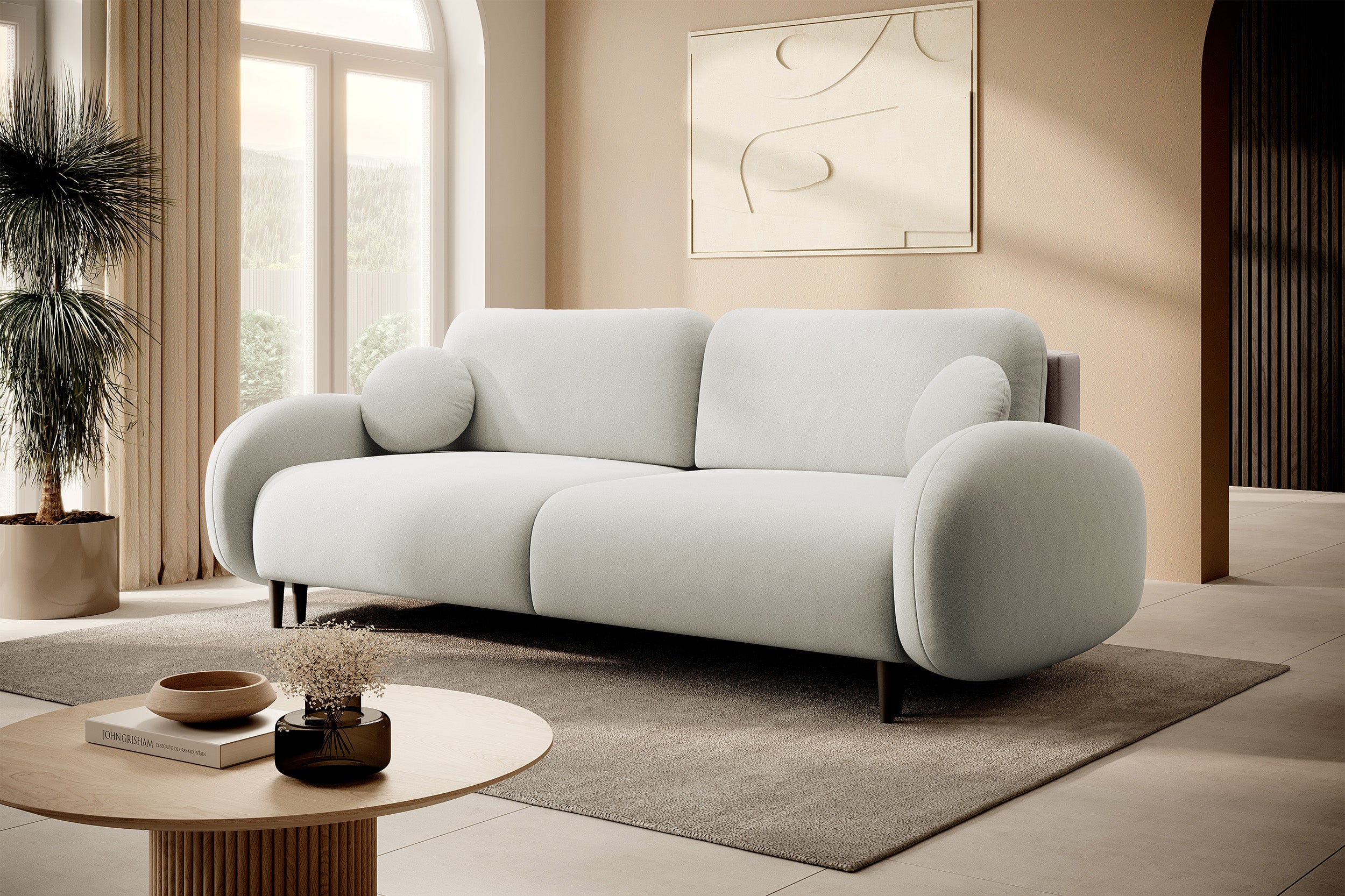 Ausziehbare Bafra-Sofa mit Schlaffunktion und Bettkasten, hellbeige Samt