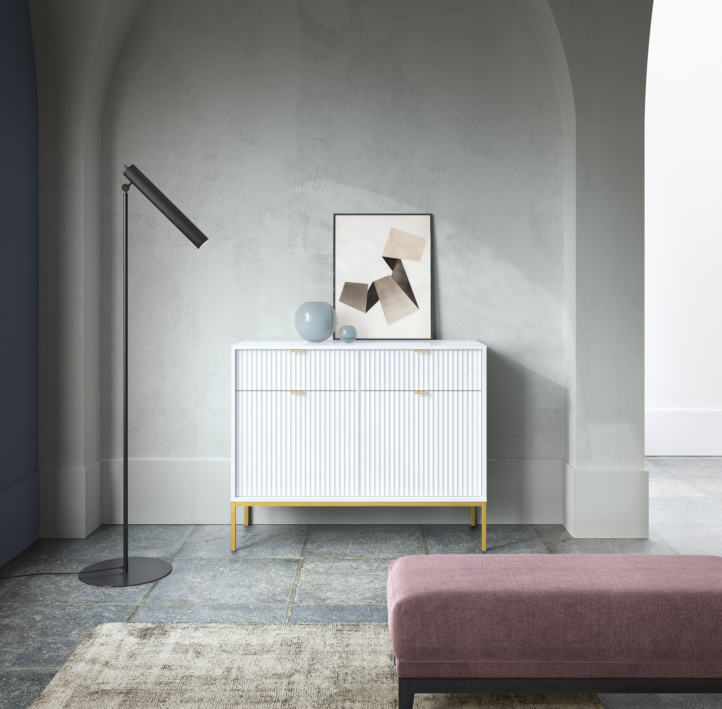 Zweiturige Kommode Vellore 104 cm weiß mit gerillten Fronten und goldenem Gestell