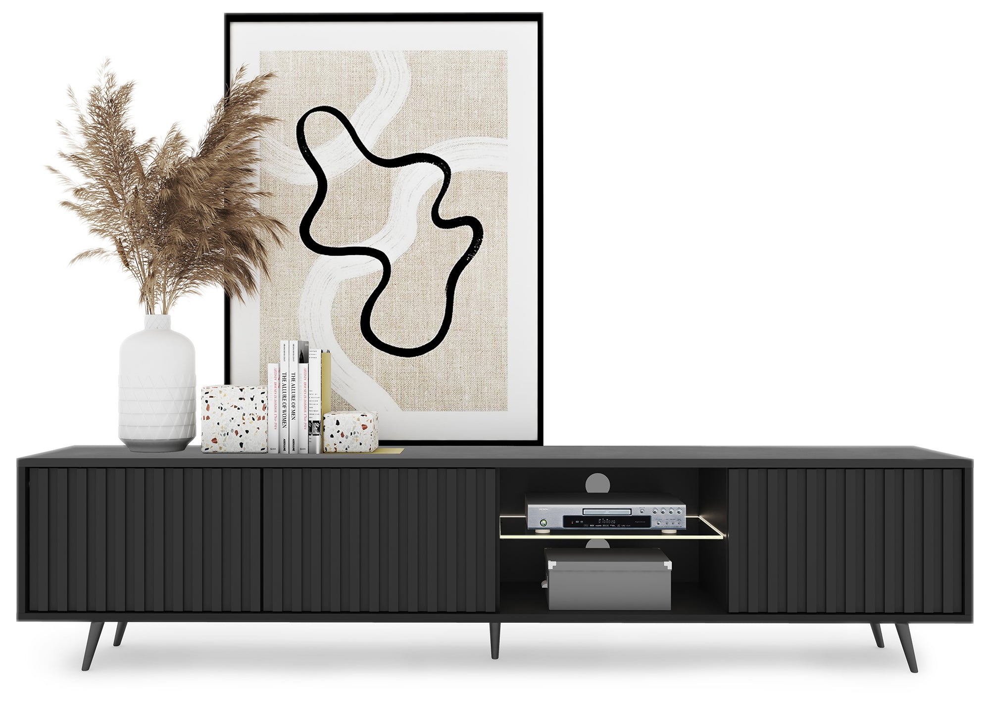 TV-Schrank Bello mit Lamellenfronten, 175 cm, schwarz, mit LED und schwarzen Beinen