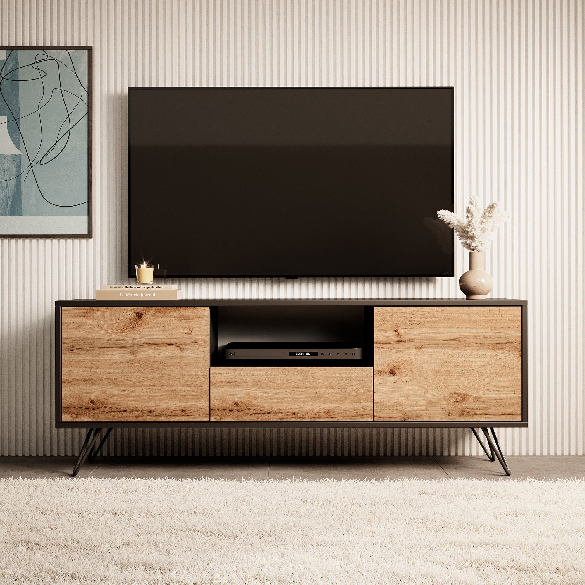TV-Schrank Ploystea 137 cm Schwarz / Wotan-Eiche