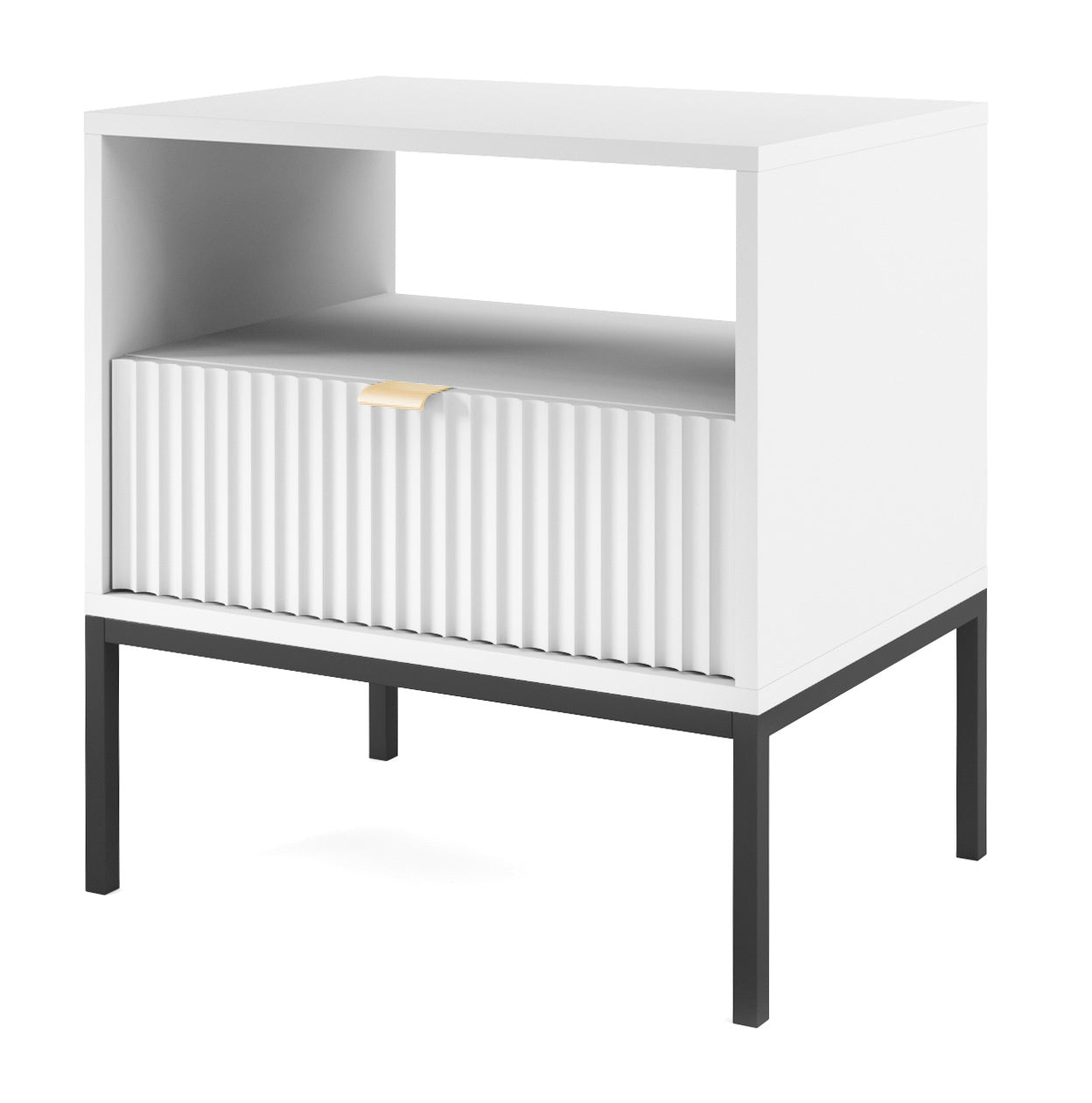 Nachttisch Vellore 54 cm weiß mit geriffelter Front und goldenem Griff