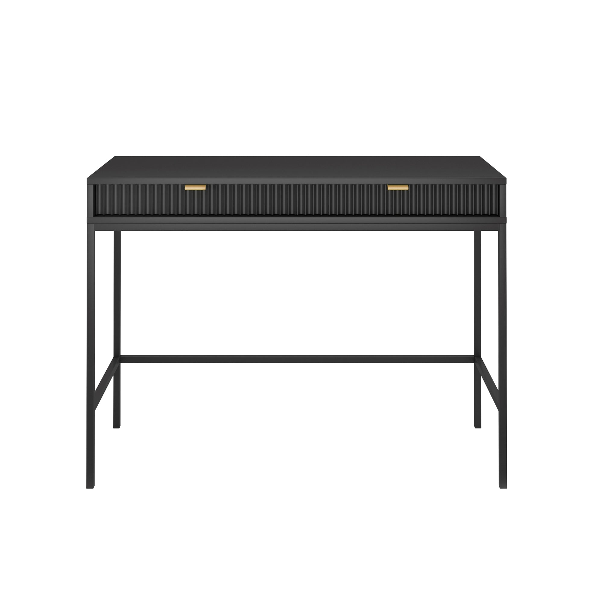 Schminktisch-Schreibtisch Vellore 104 cm schwarz mit geriffelten Fronten und goldenen Griffen
