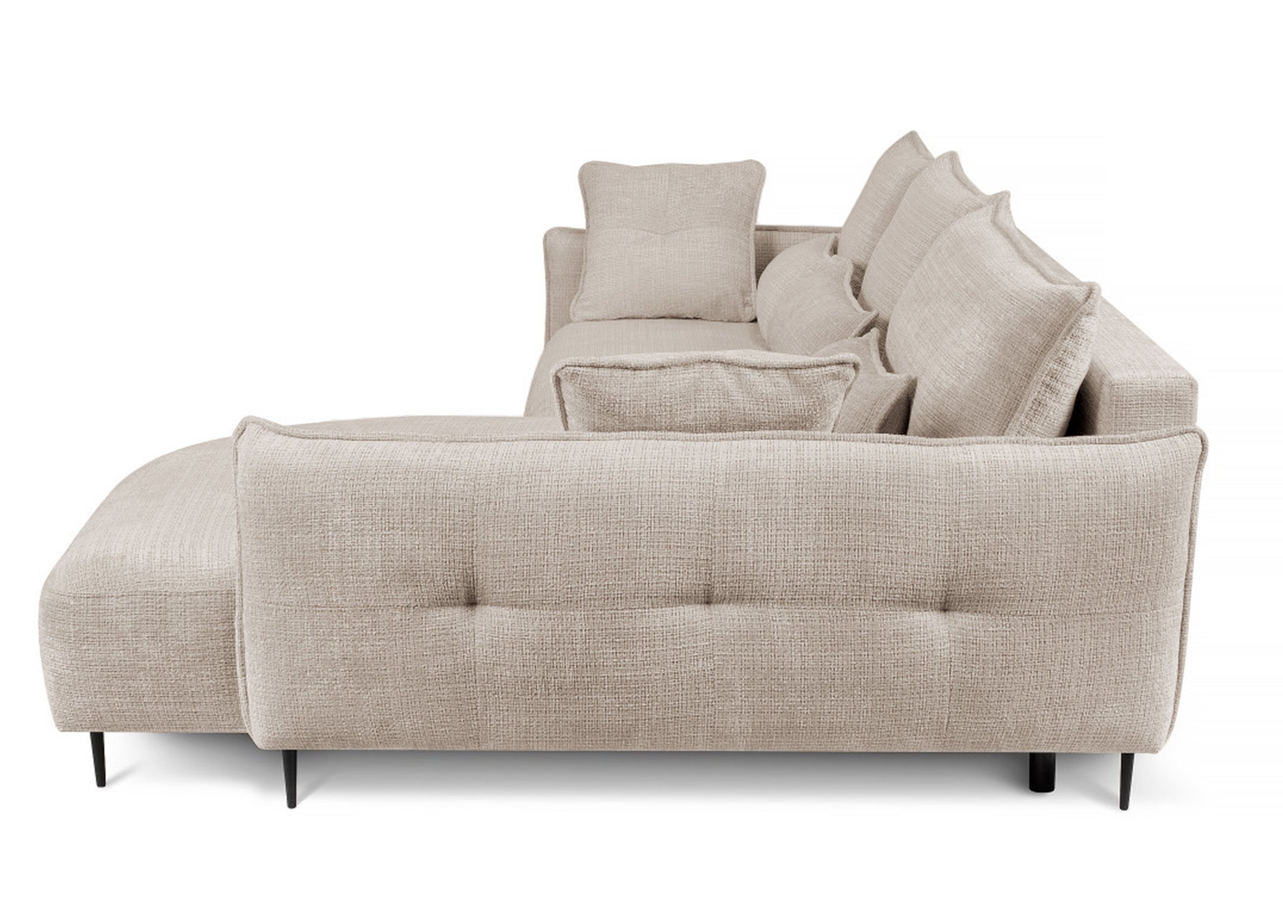 Ecksofa Oblivio mit Schlaffunktion, L-förmig, mit Stauraum, hellbeiger Chenille, rechtsseitig
