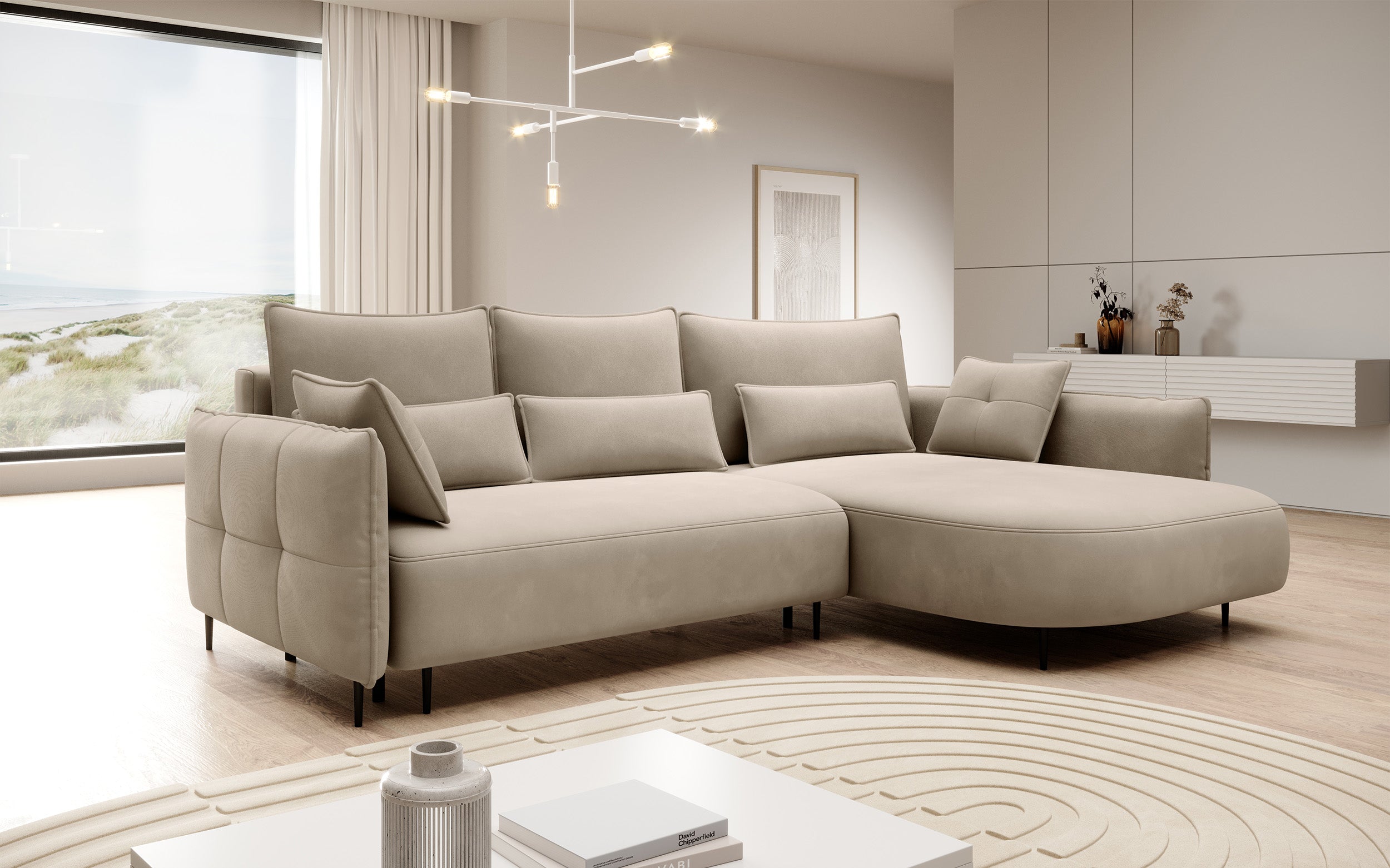 Ecksofa Oblivio mit Schlaffunktion, L-förmig, mit Stauraum, hellbeiger Samt, rechtsseitig, wasserabweisend