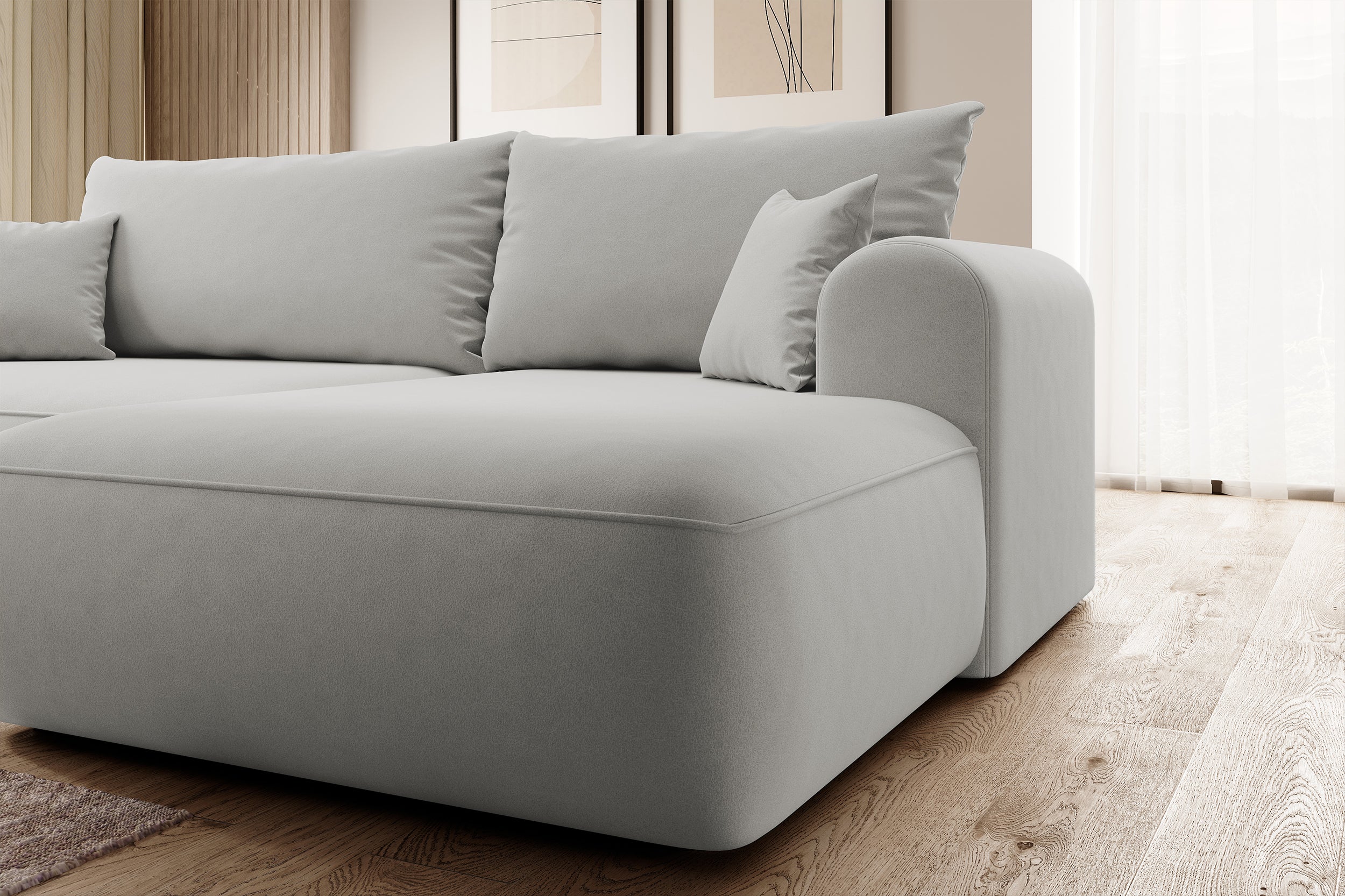 Ecksofa mit Schlafunktion Ovo, L-förmig, grau, Samt, mit Stauraum, aus pflegeleichtem Stoff, rechtsseitig