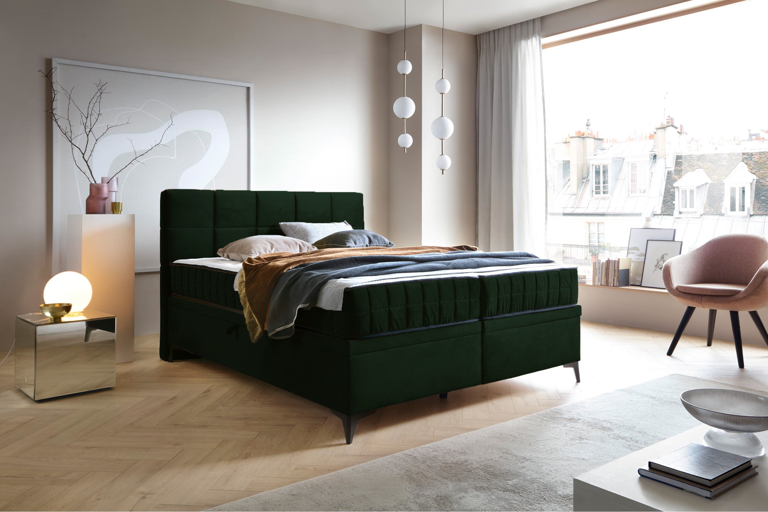 Kontinentales Bett 180x200 cm Beriano mit Stauraum und Matratze, Flaschengrün Samt