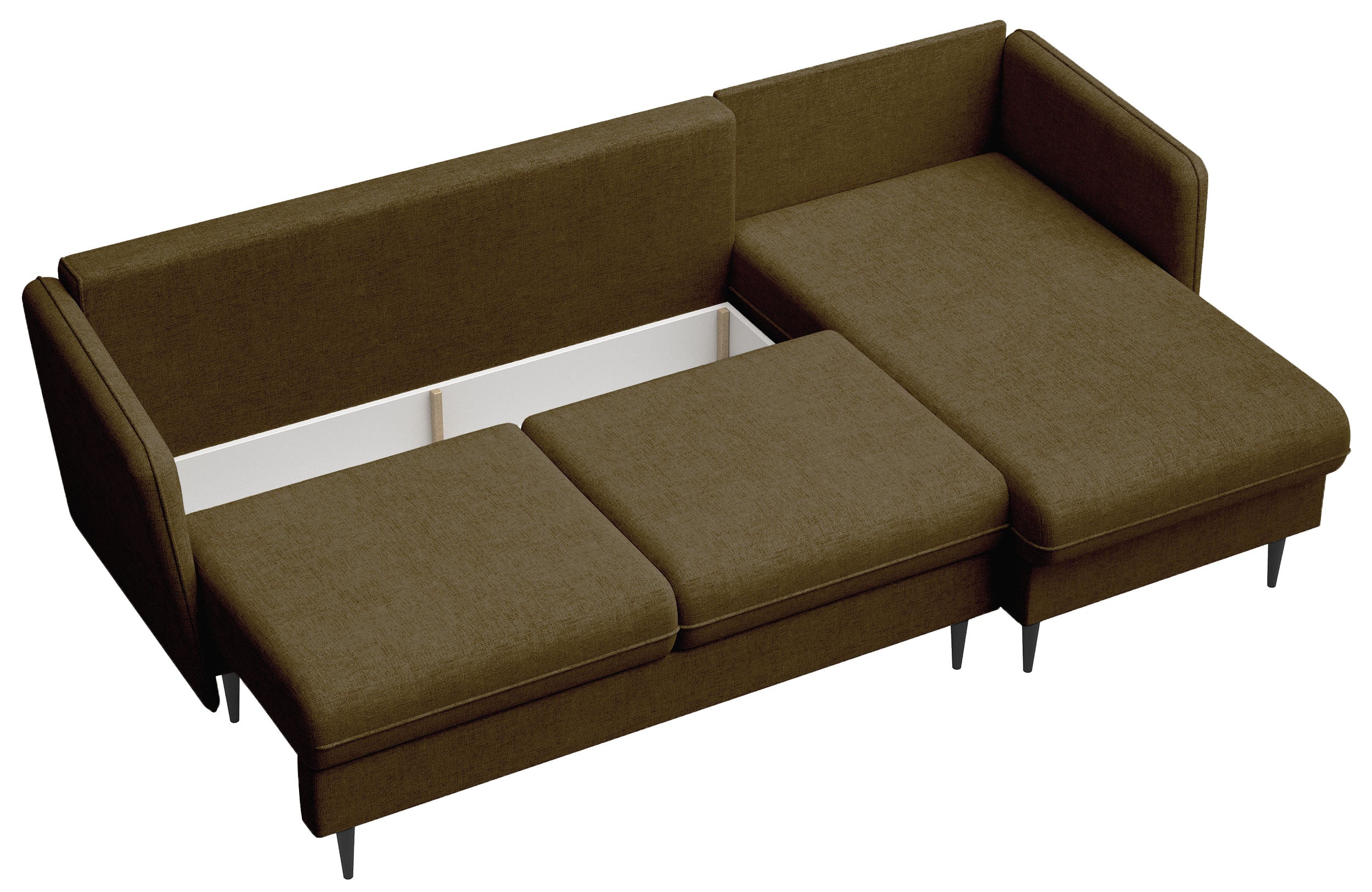 Ecksofa mit Schlafunktion Volio, L-förmig, olivgrüner Chenille-Stoff, schwarze Beine