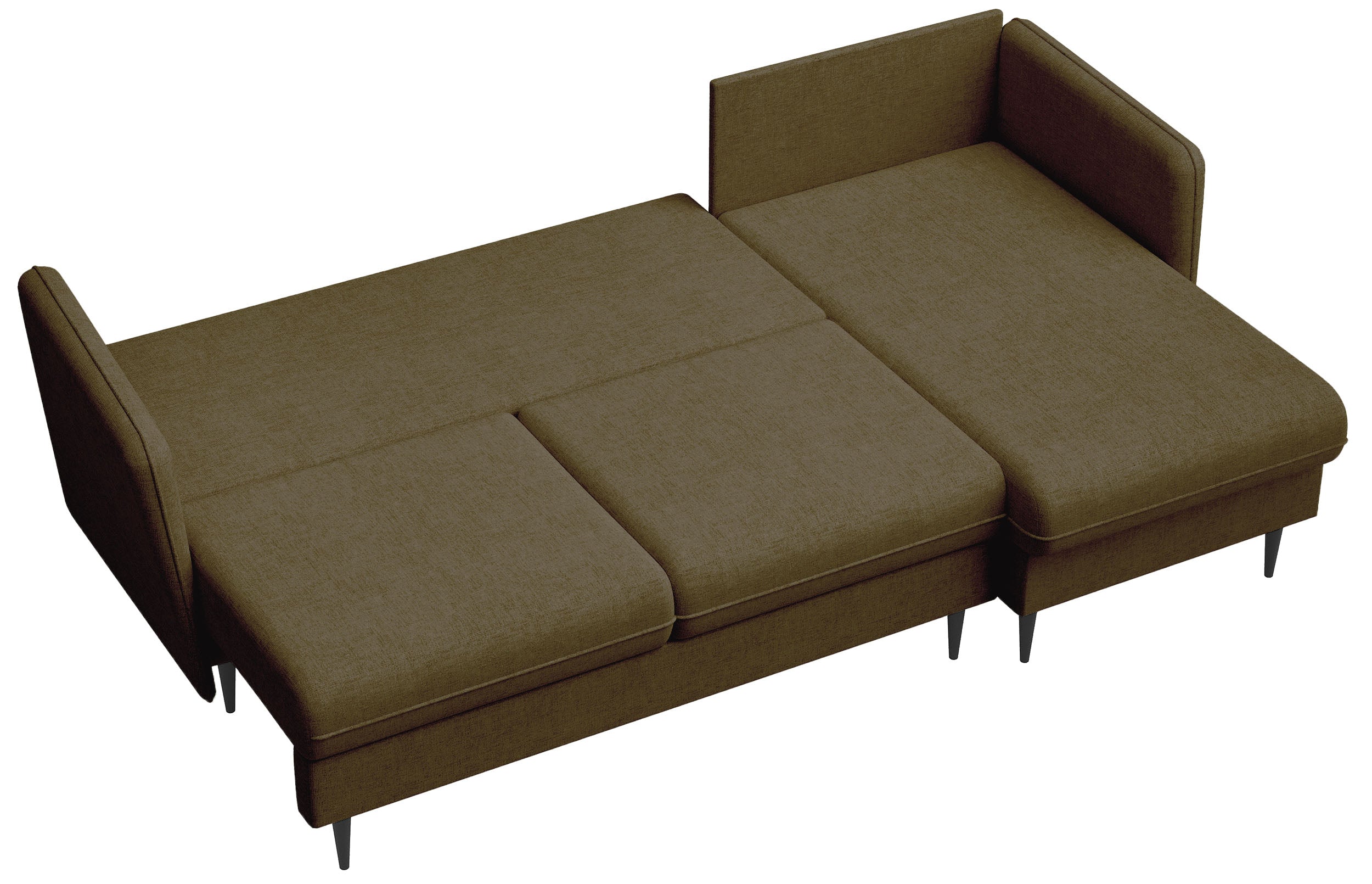 Ecksofa mit Schlafunktion Volio, L-förmig, olivgrüner Chenille-Stoff, schwarze Beine