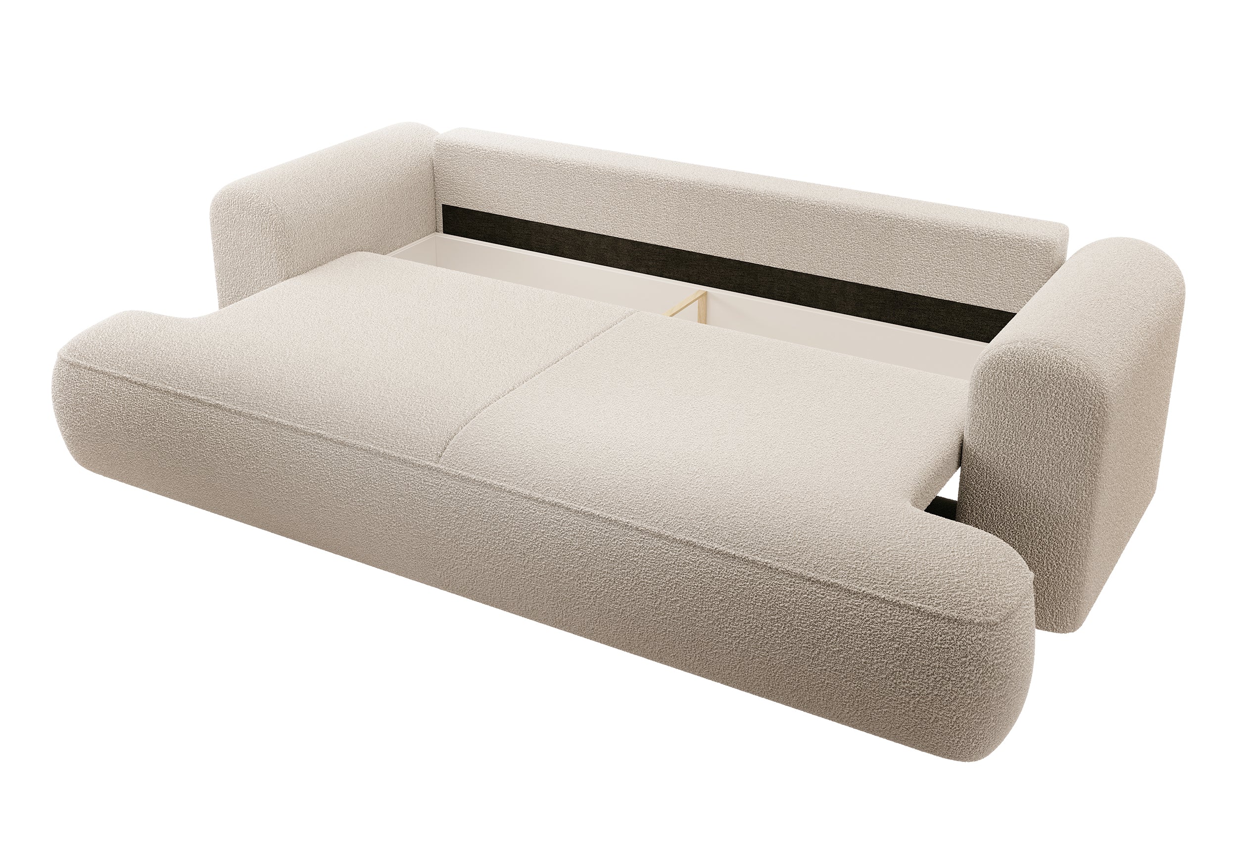 Dreisitziges ausklappbares Sofa Ovo mit Stauraum, beige Bouclé