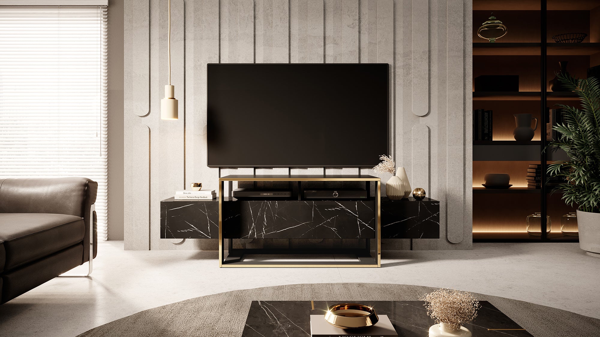 TV-Schrank Excelsum 160 cm schwarzer Marmor mit abschließbarem Fach