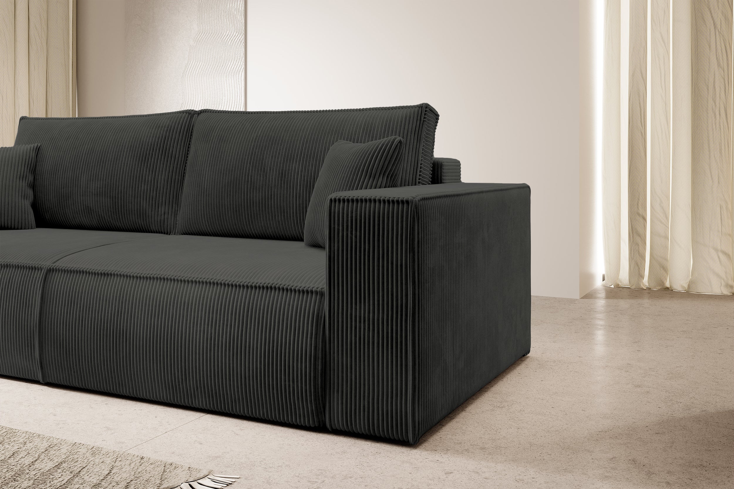 Dreisitziges ausklappbares Sofa Farese mit Stauraum, dunkelgrauer Cordstoff