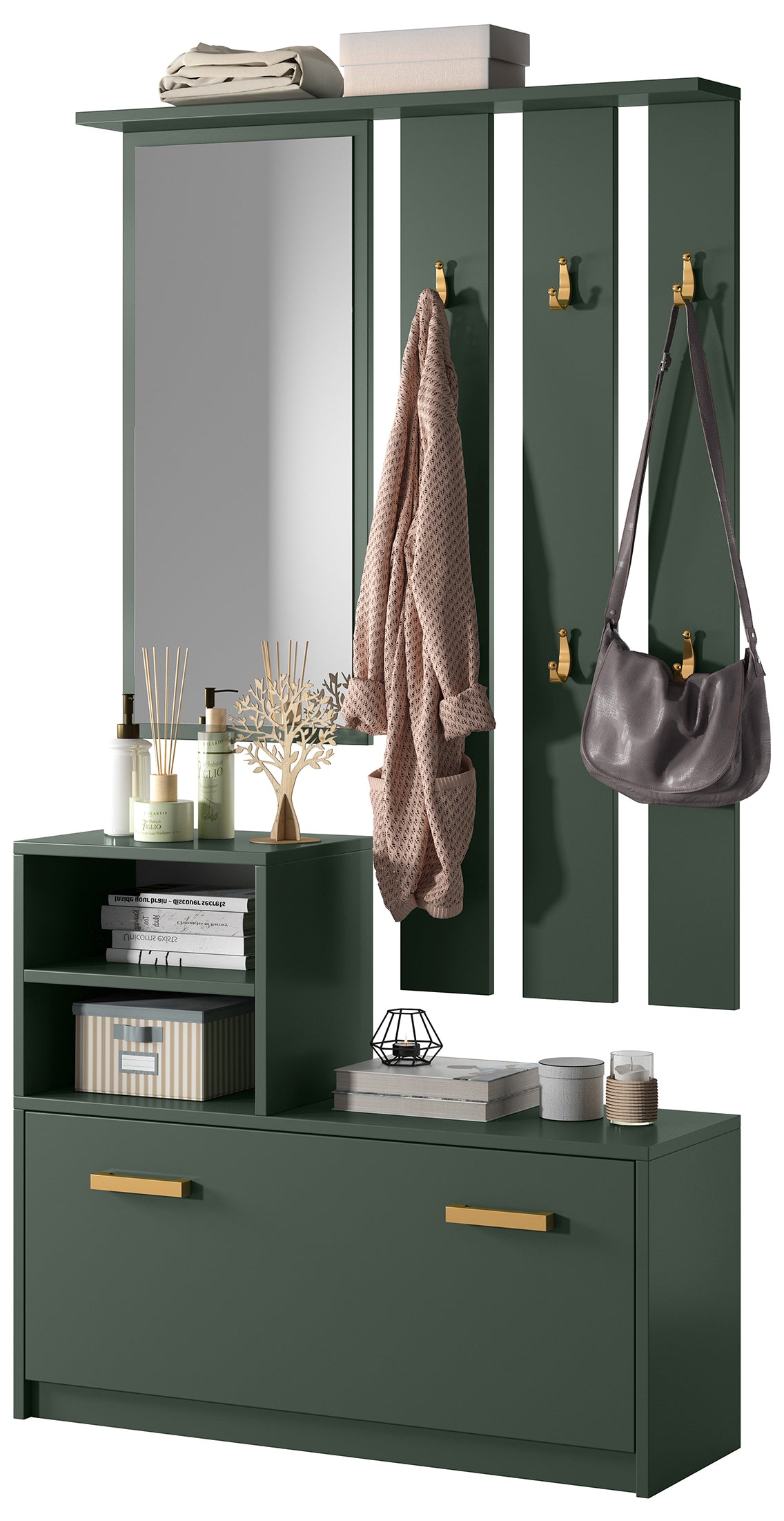 Garderobenset Yesfir in Flaschengrün mit Spiegel, Haken, Regalen und Schuhschrank