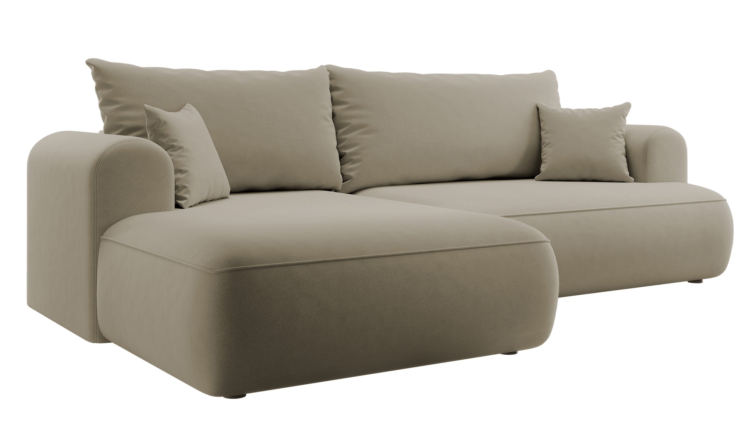 Ecksofa mit Schlafunktion Ovo, L-förmig, beige Velours mit Stauraum, aus leicht zu reinigendem Stoff, linksseitig