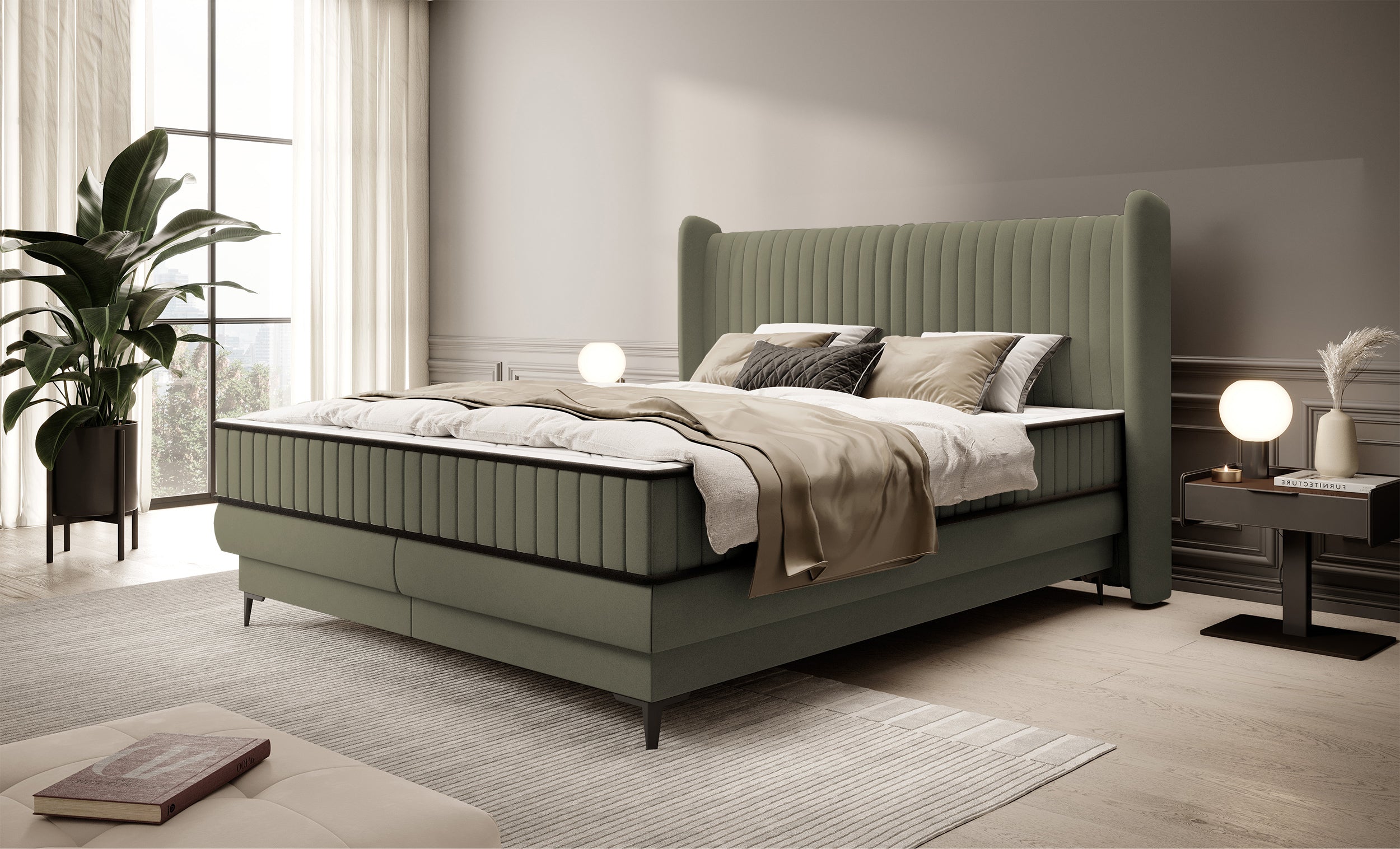 Kontinentalbett 180x200 cm Daliano mit Stauraum, olivgrüner Samt